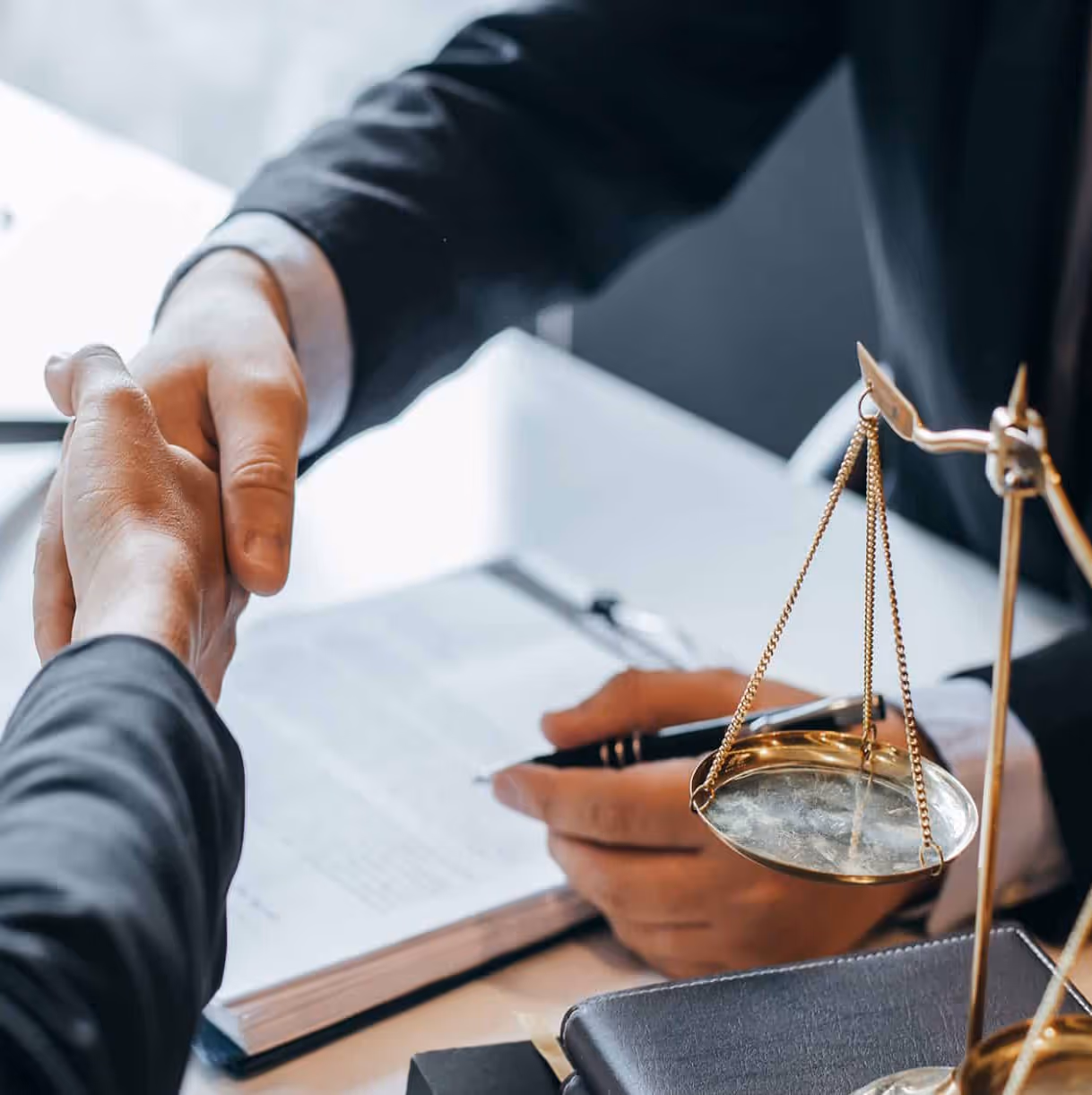 Two people shaking hands over a legal document with a golden balance scale in the foreground.