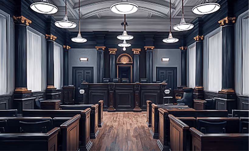 Empty courtroom with dark wood paneling, columns with gold accents, and overhead lights.