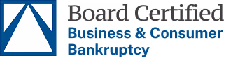 Board Certified Business & Consumer Bankruptcy logo with a blue triangle symbol.