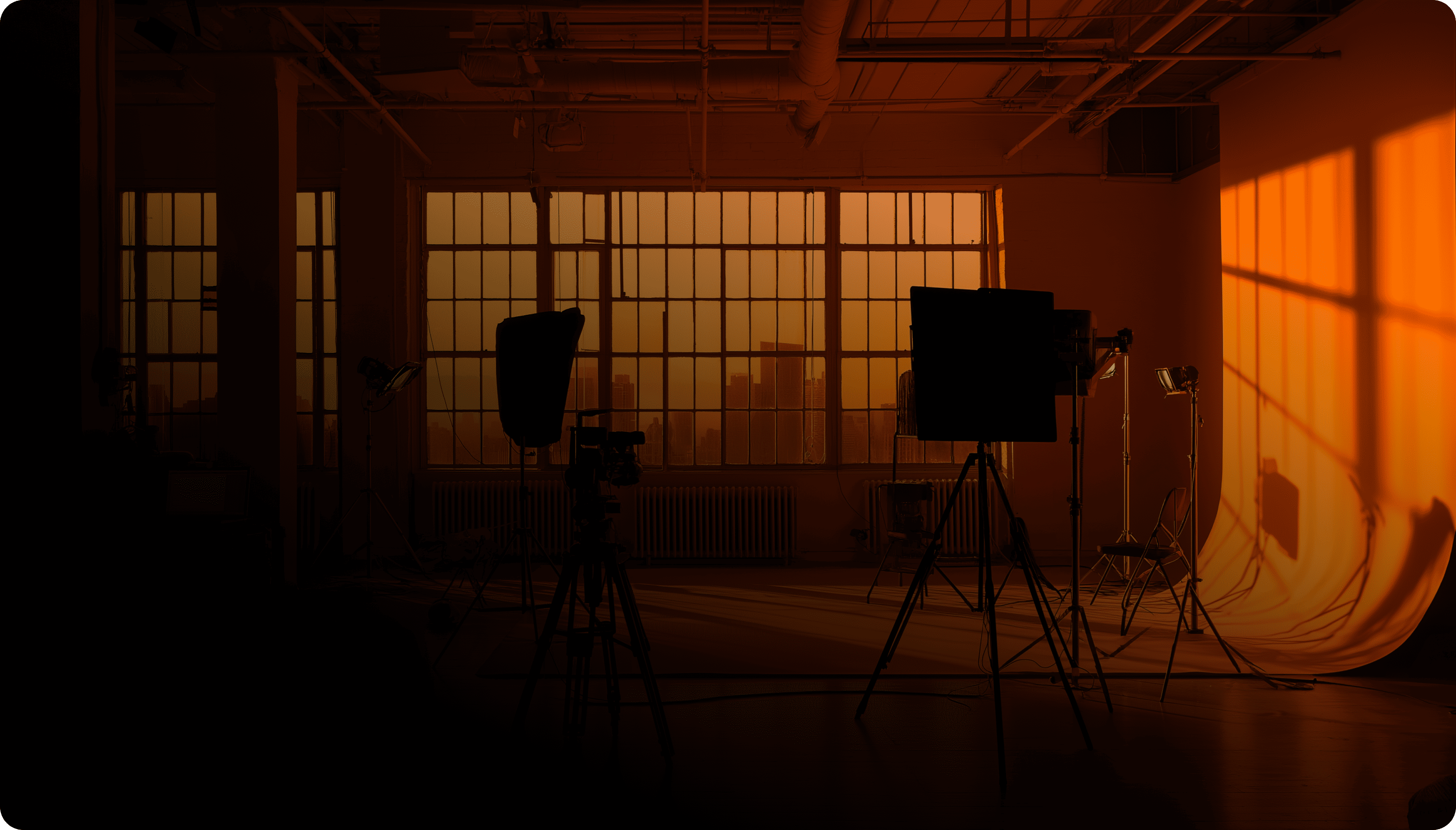 Photography studio with lighting equipment casting orange light and city skyline visible through large windows.