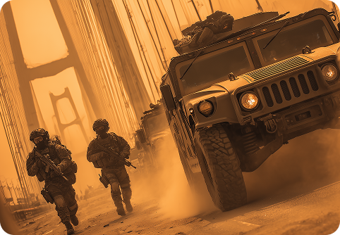 Two armed soldiers walking beside a military vehicle on a bridge with the Golden Gate Bridge visible in the background, in an orange-toned scene.