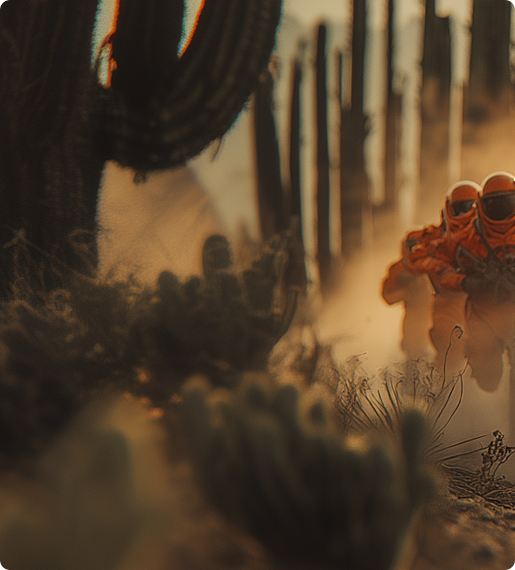 Three people in orange hazmat suits walking in a dusty desert landscape with tall cacti.
