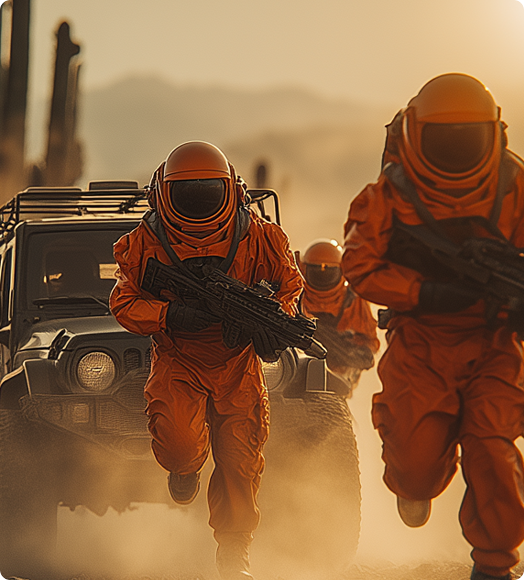 Three people in orange hazmat suits running with rifles in a dusty desert environment near a black SUV.