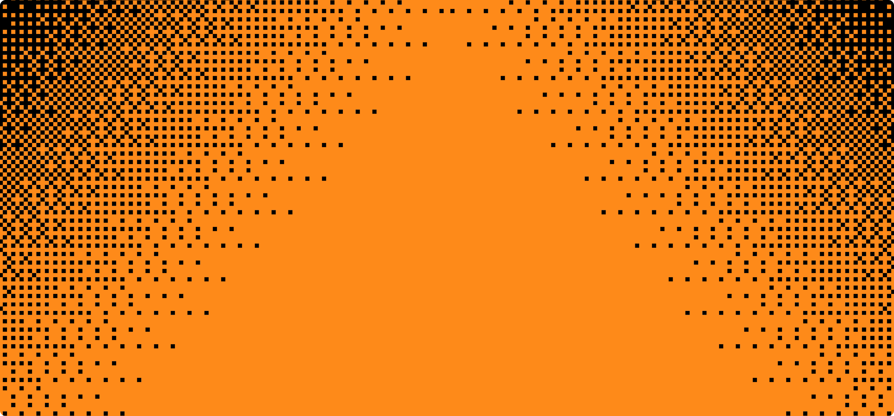 Orange background with a pattern of black pixelated squares concentrated in corners and edges, fading toward the center.