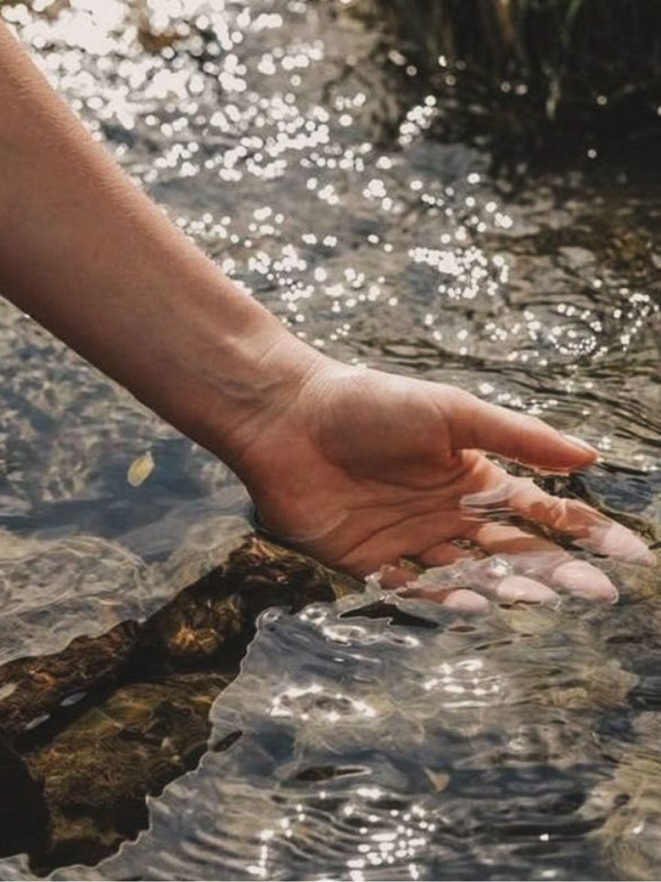 Hand gently touching the surface of a clear, sunlit flowing stream with visible rocks underneath.