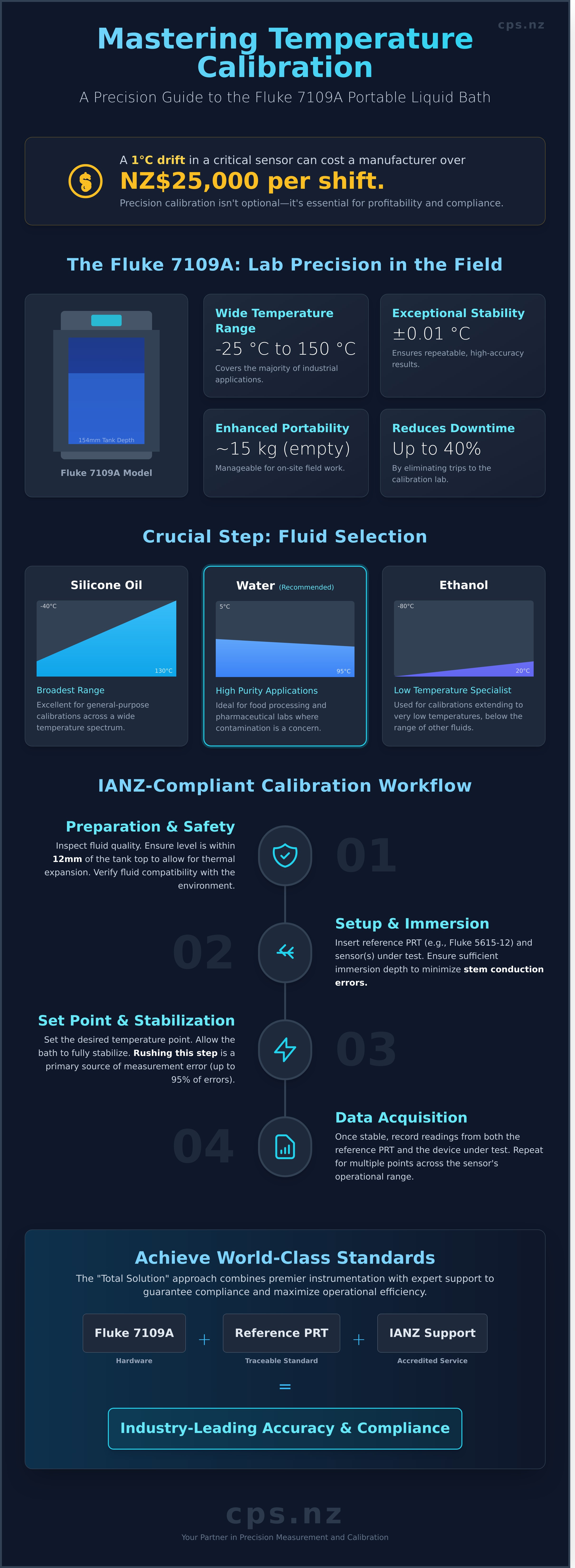 How is a temperature calibration performed in a Fluke 7109A liquid bath infographic - visual guide
