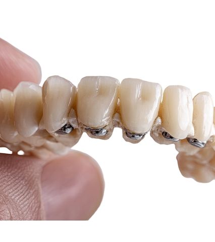 Model dentar care prezintă o punte dentară parțială cu o coroană lipsă între două coroane atașate.