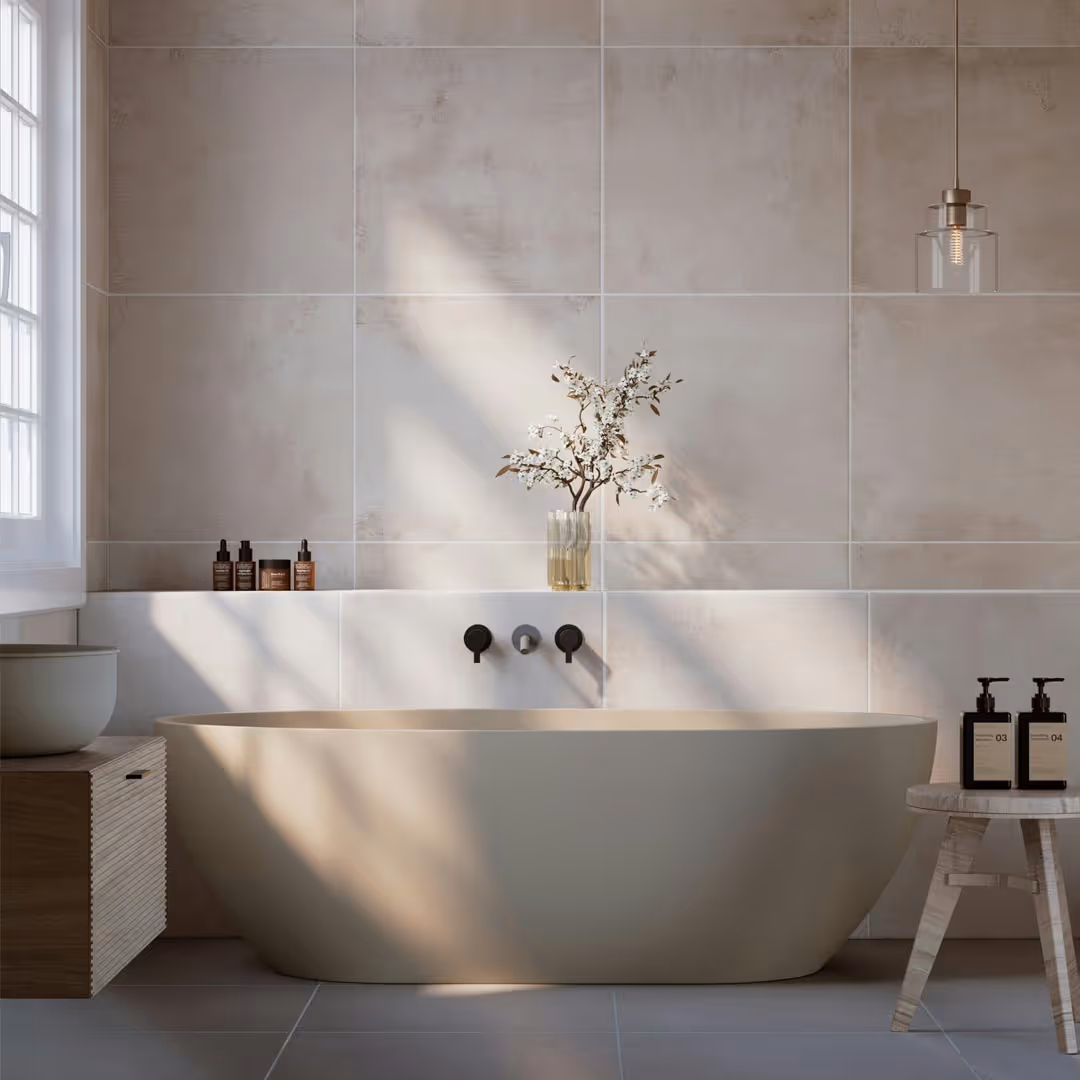 Minimalist bathroom with beige freestanding bathtub, wall-mounted black faucet, decorative vase with white flowers, and bottles on wooden shelf and stool.