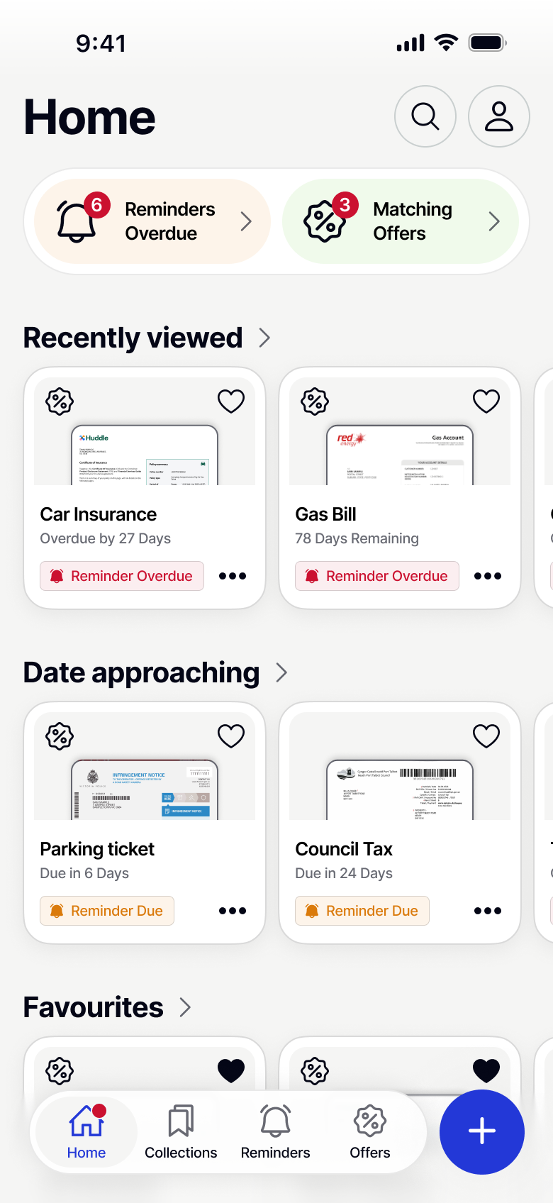 Mobile app home screen showing overdue reminders and matching offers notifications, with sections for recently viewed, date approaching, and favourites bills and tickets.