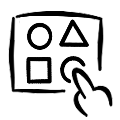 Hand cursor clicking on a circular icon among four shapes: circle, triangle, square, and another circle.