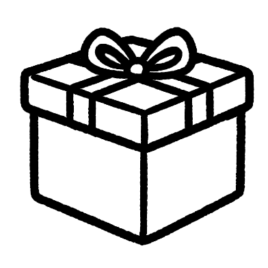 Black and white line drawing of a closed gift box with a ribbon and bow on top.