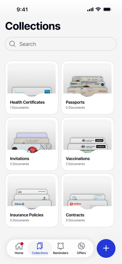 Mobile app interface displaying 'Collections' with categories: Health Certificates, Passports, Invitations, Vaccinations, Insurance Policies, and Contracts, each showing number of documents.