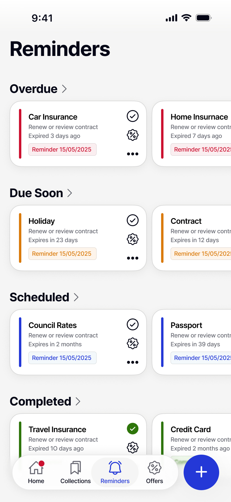 Mobile app reminders screen showing overdue, due soon, scheduled, and completed sections for contracts and insurances with expiration dates.