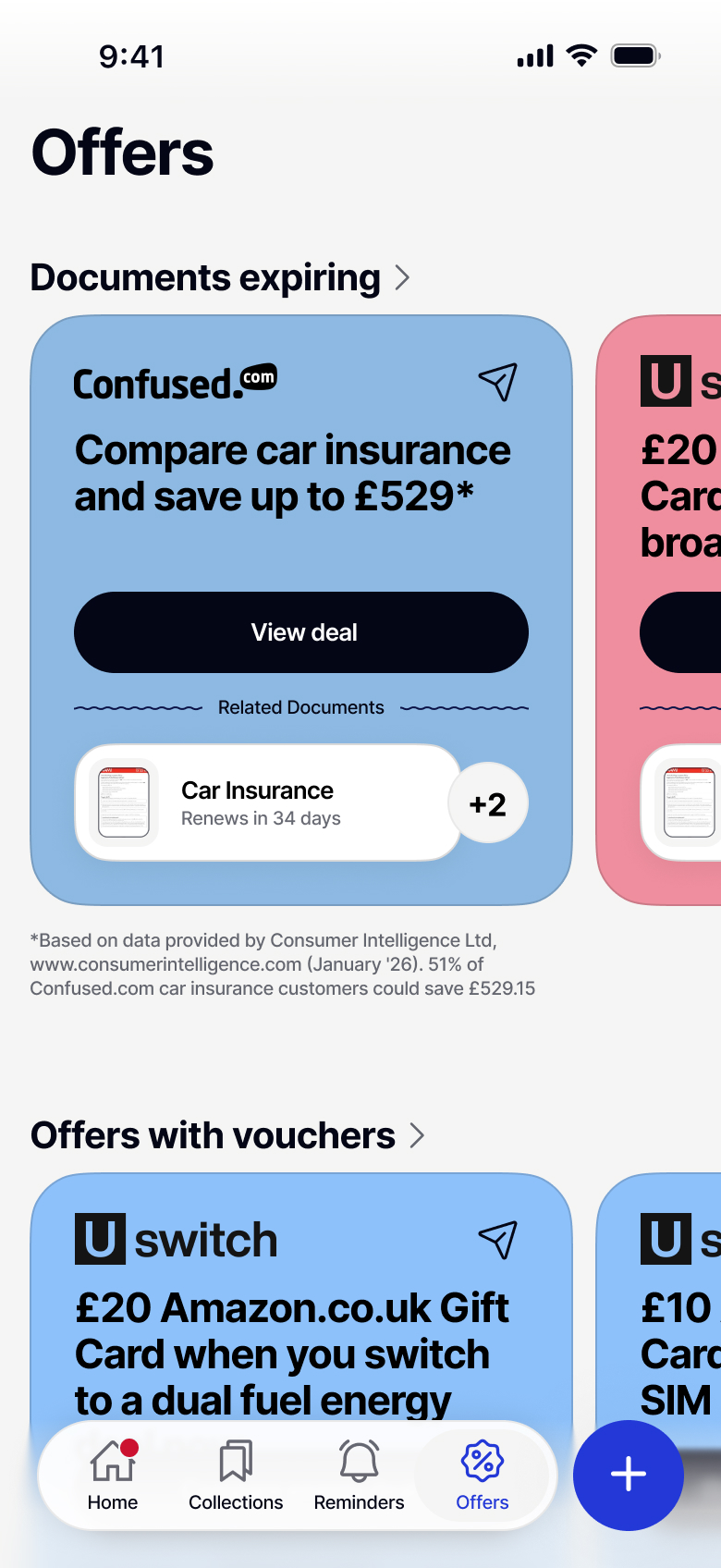 Mobile app screen showing offers including car insurance comparison saving up to £529 with Confused.com and vouchers for Amazon gift cards when switching dual fuel energy providers.