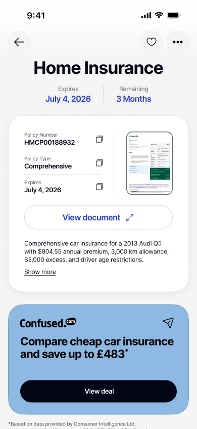 Mobile screen showing a Home Insurance policy with expiry date July 4, 2026, policy number HMCP00188932, type comprehensive, and a summary of coverage details with a button to view the document and an ad for comparing cheap car insurance saving up to £483.