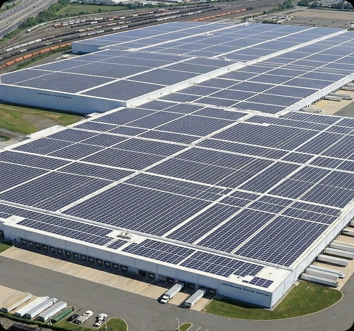 Aerial view of solar panels installed at a Lineage Logistics warehouse.