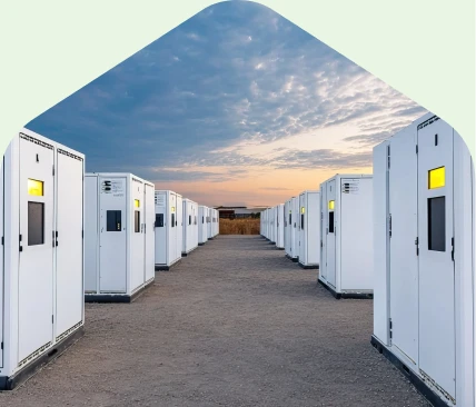 Battery Energy Storage Systems Rows of utility-scale battery storage units installed outdoors at an energy storage site.