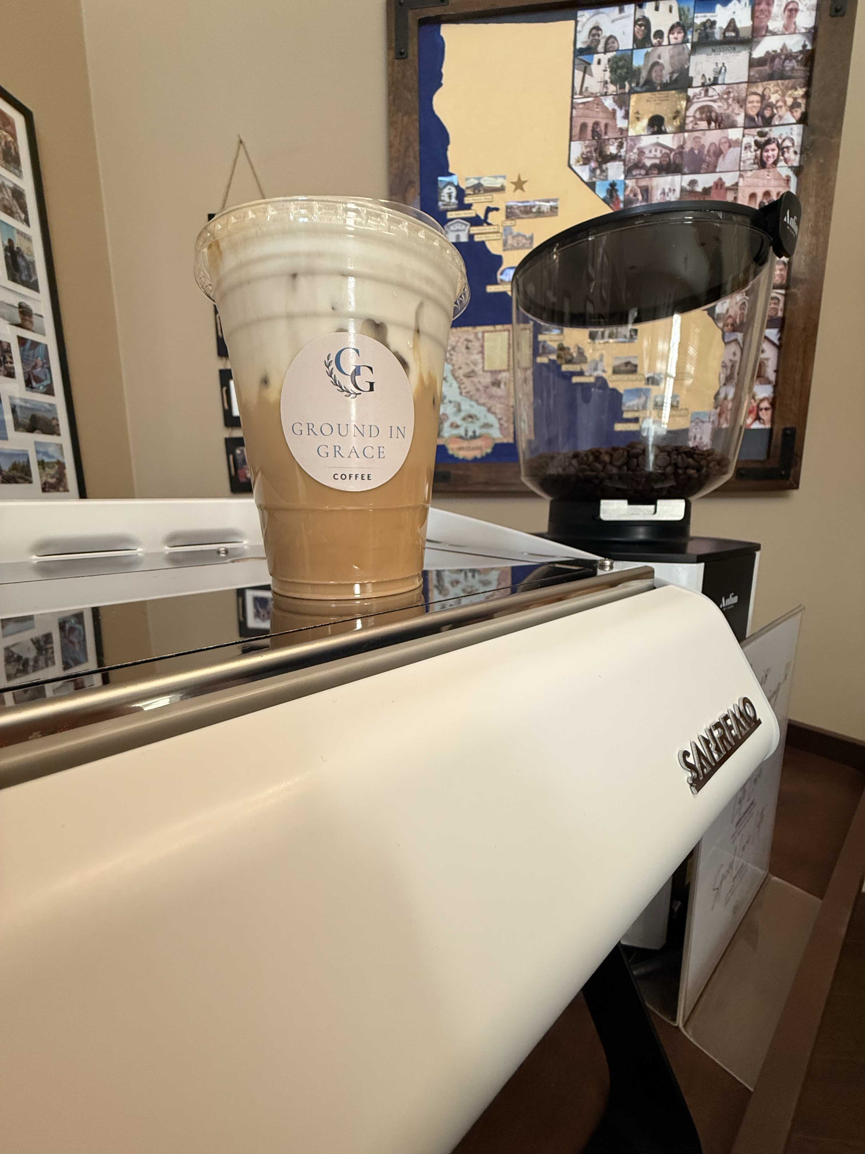 Top of Sanremo espresso machine, close up, at mobile coffee ground in grace event