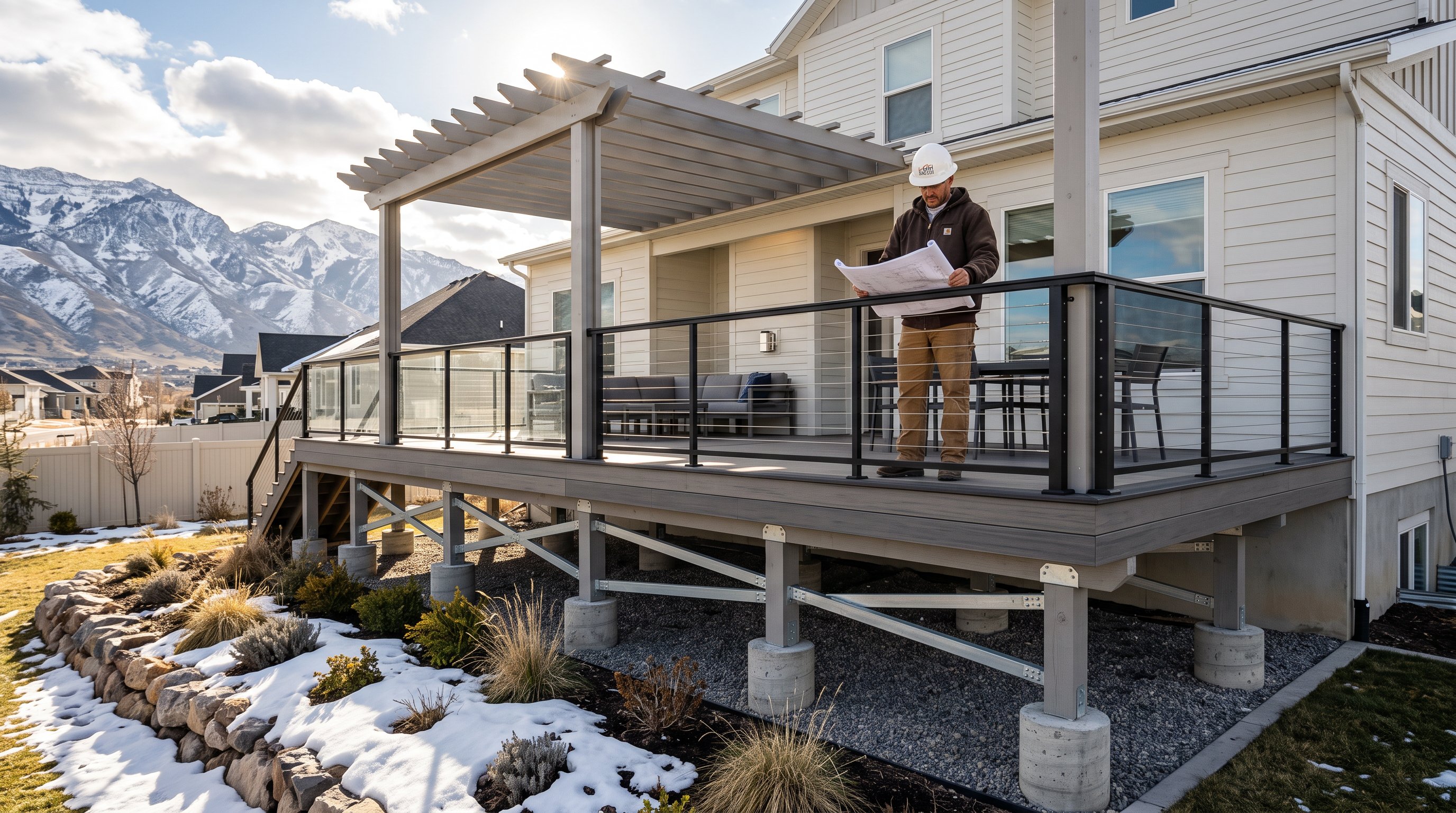 Modern Utah backyard deck designed for sun, snow, and changing weather.