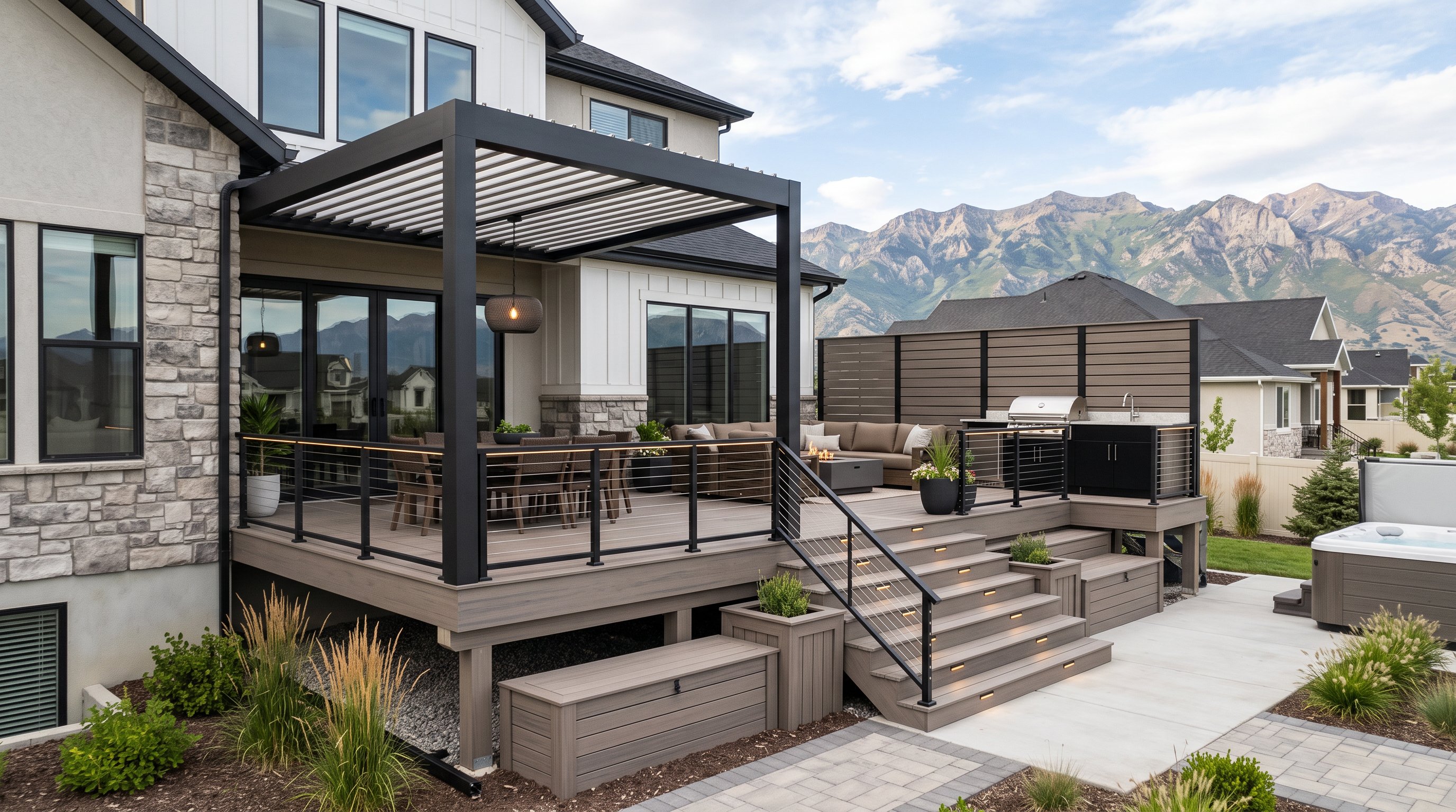 Modern multi-level backyard deck with pergola, lighting, and mountain views.