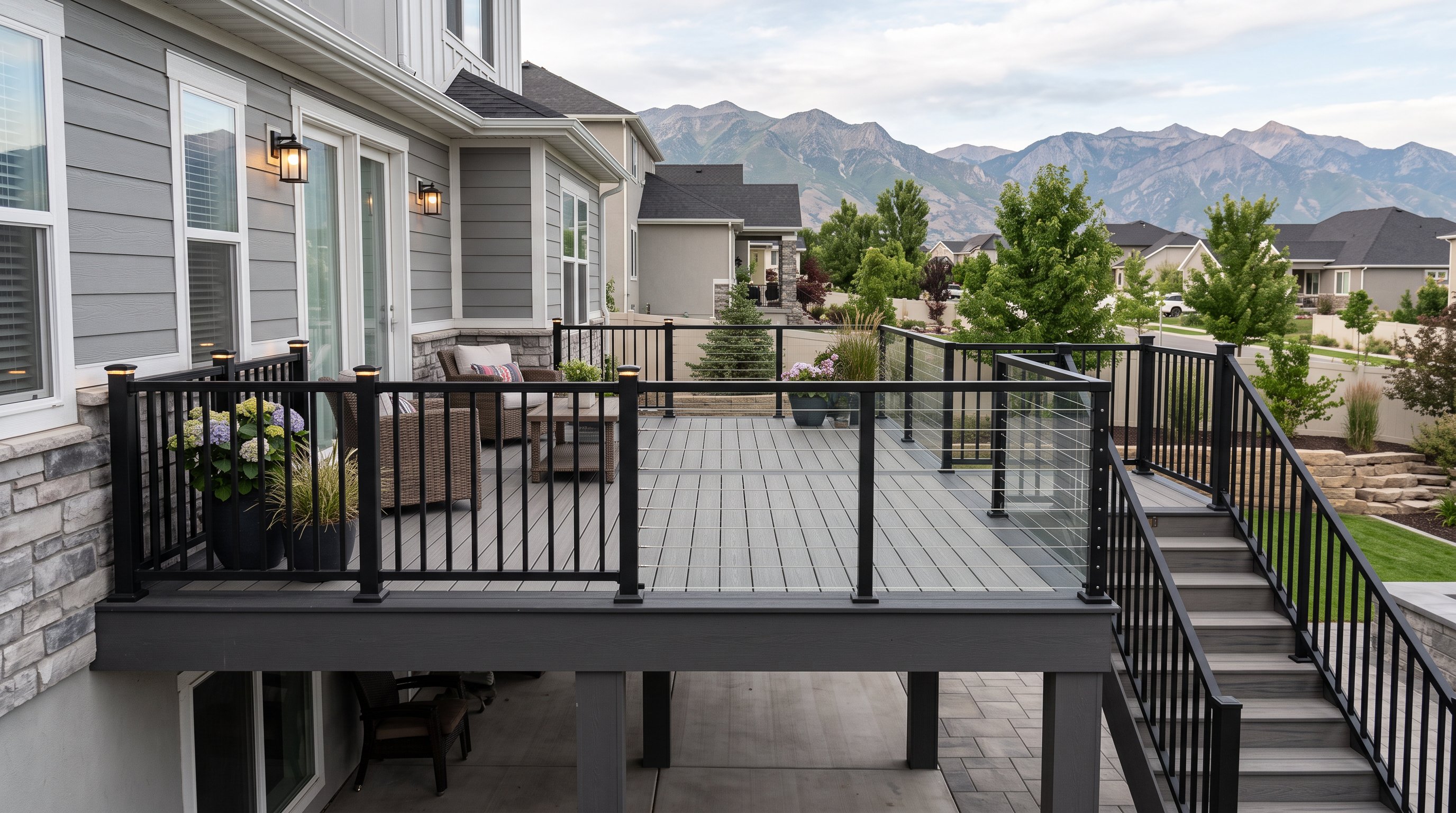 Custom backyard deck with composite boards and modern railing options.