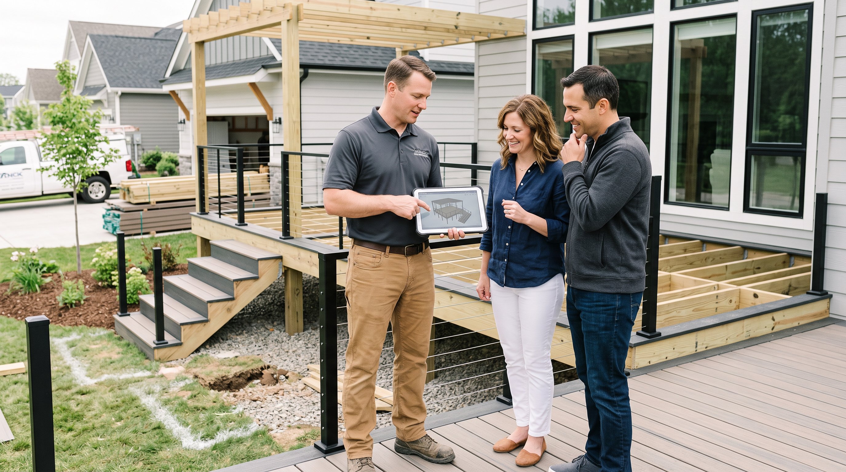 Contractor and homeowners reviewing a deck plan beside a partially built backyard deck.