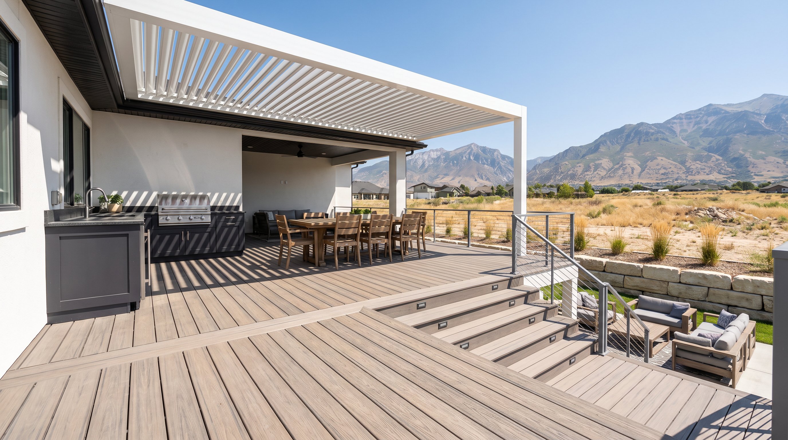 Modern composite deck with pergola, cable railings, and Wasatch Mountain views.