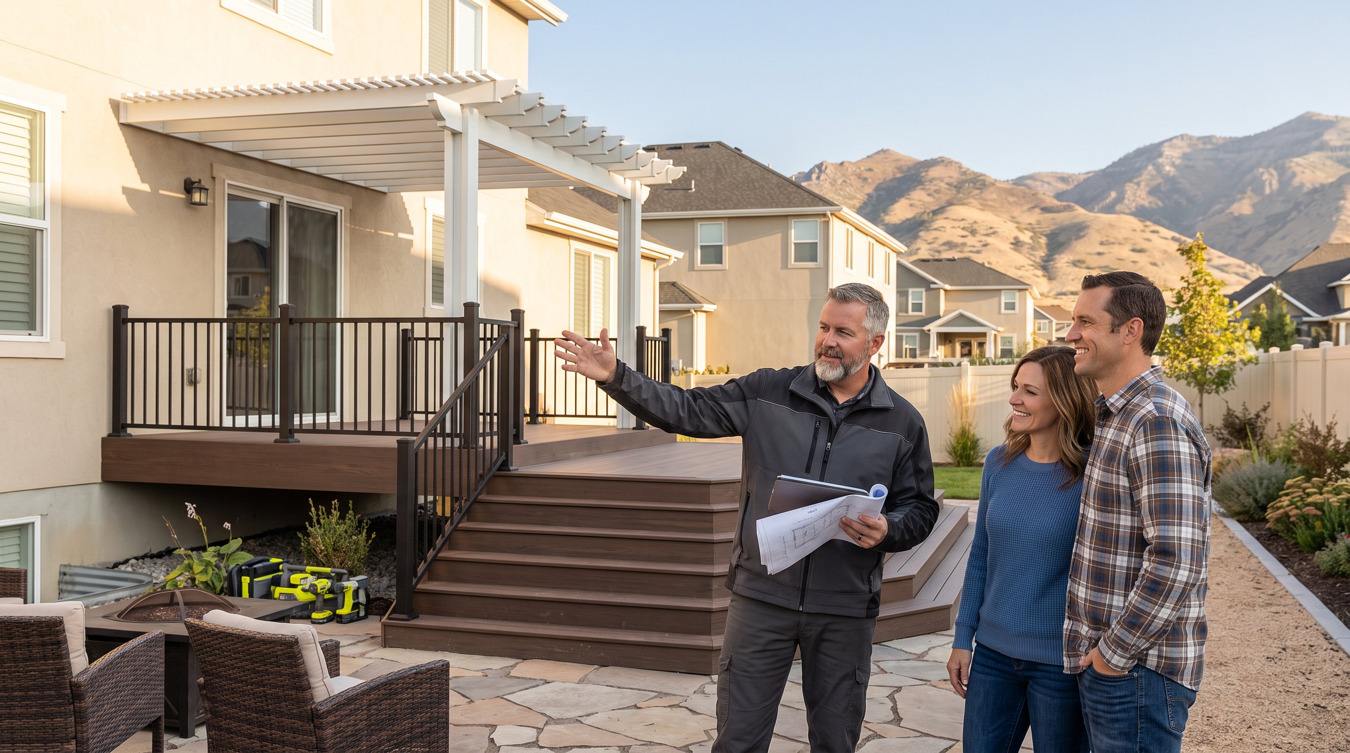 Deck contractor discusses an elevated multi-level backyard deck with Utah homeowners.