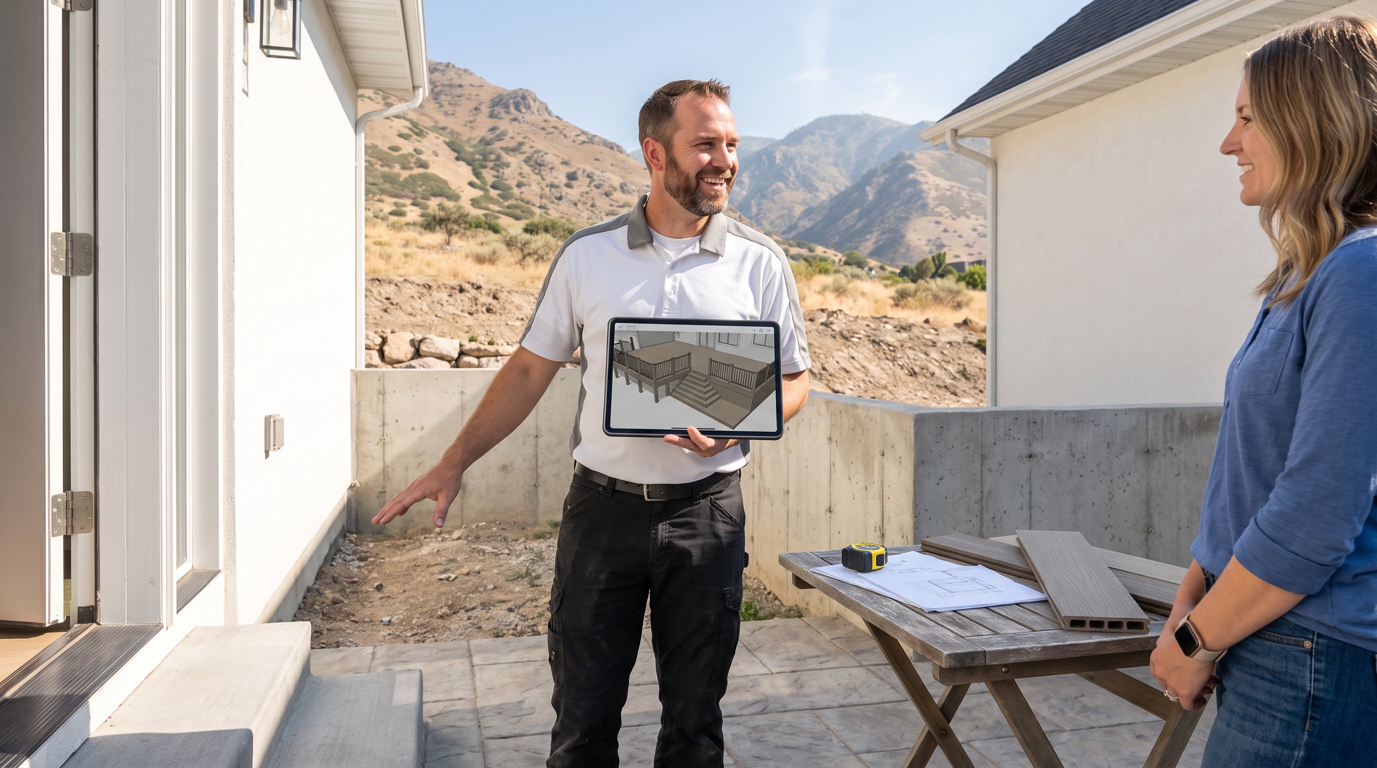 Utah deck builder reviews a 3D composite deck plan with a homeowner.