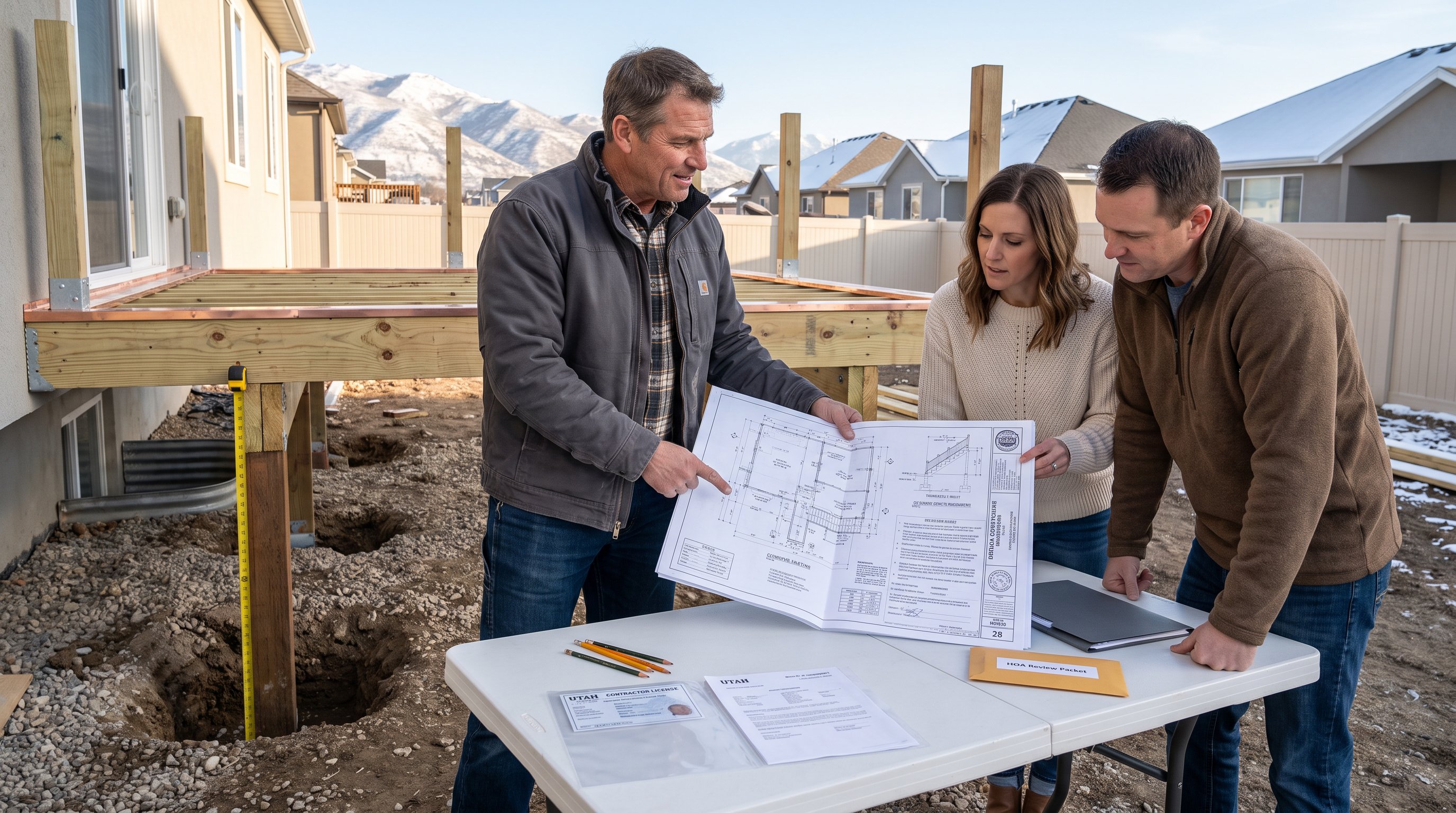 Deck contractor reviews permits and structural plans beside a code-compliant Utah deck.