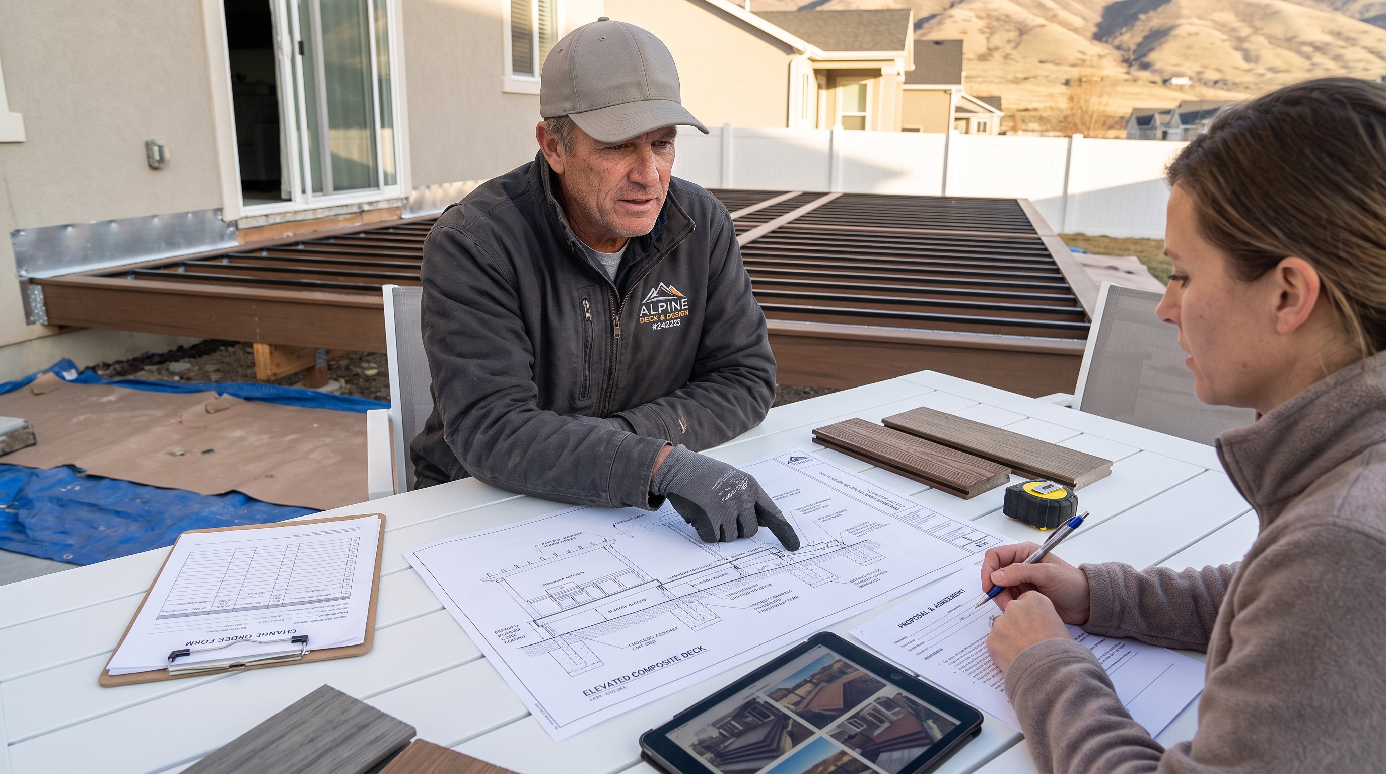 Deck contractor explains structural plans and written proposal to homeowner.