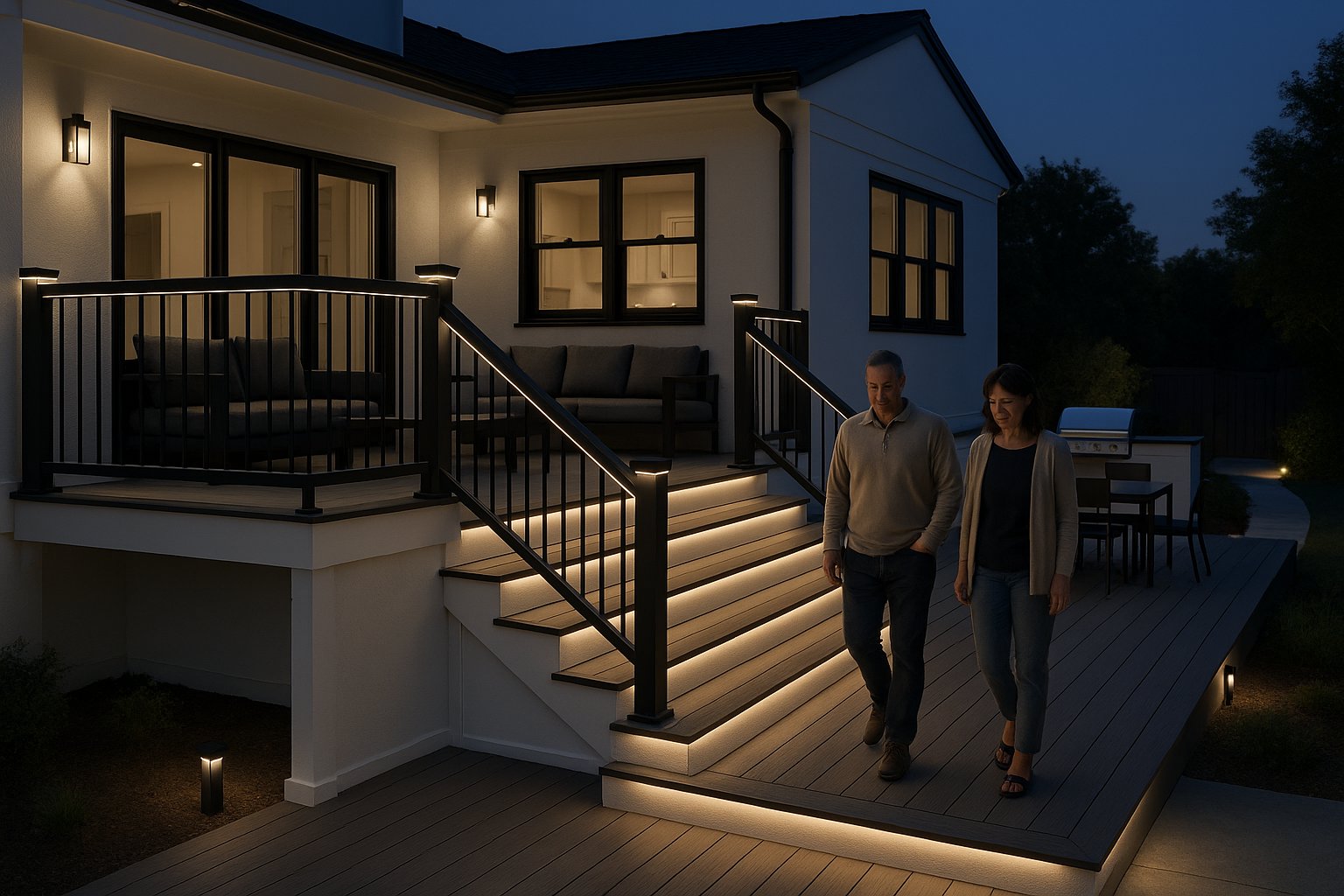 Multi-level deck with subtle LED stair and railing lights at dusk