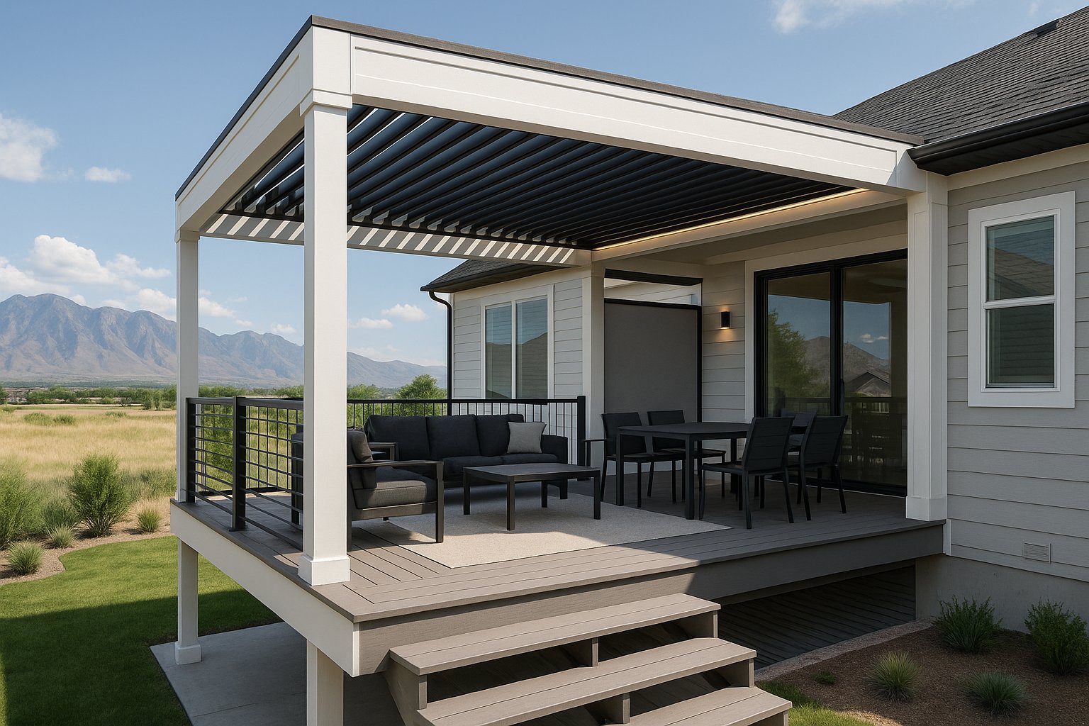 Utah deck with adjustable louvers providing shade and a dry patio underneath
