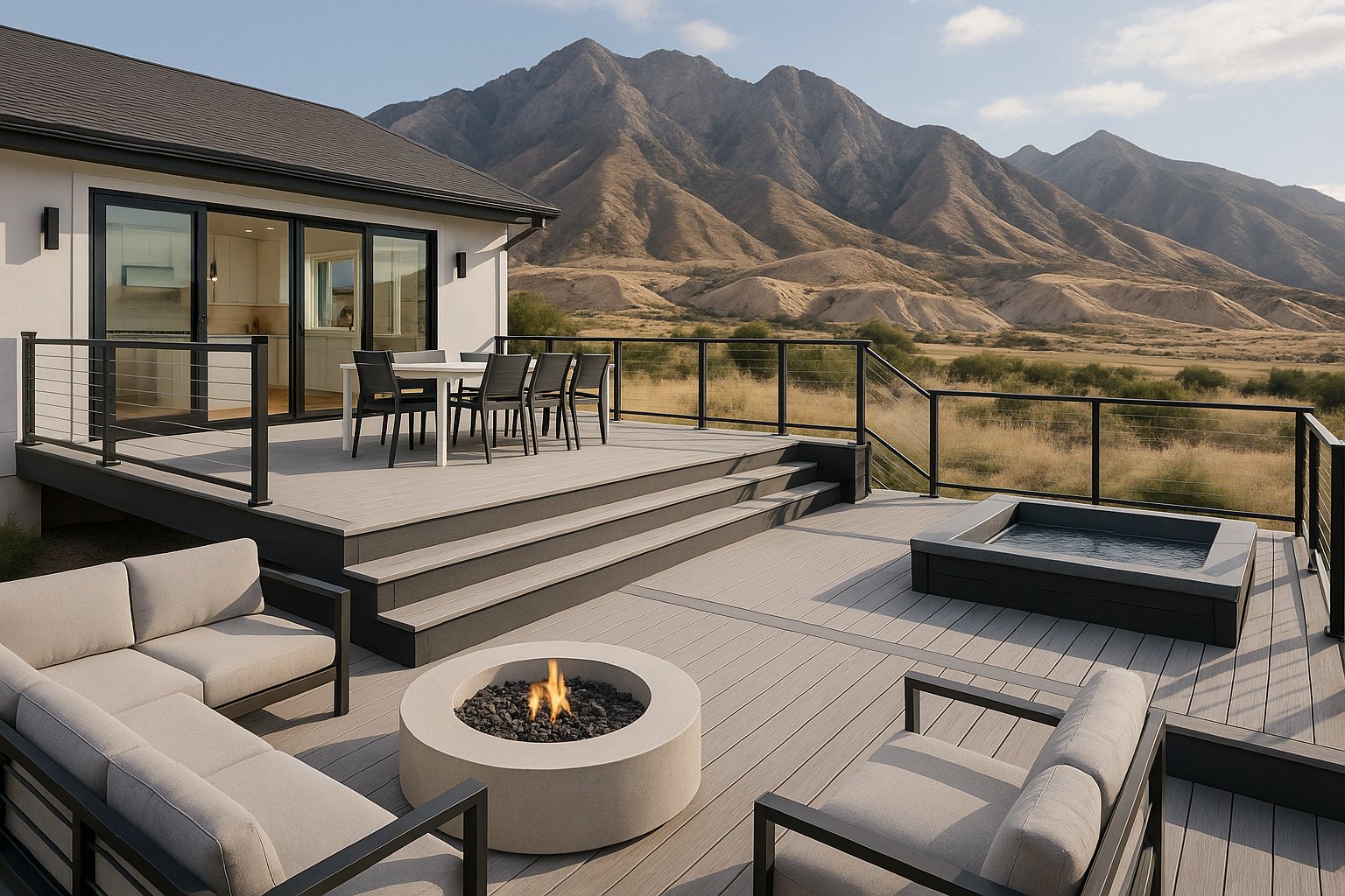 Multi-level Utah deck with dining, lounge, fire pit, and mountain views