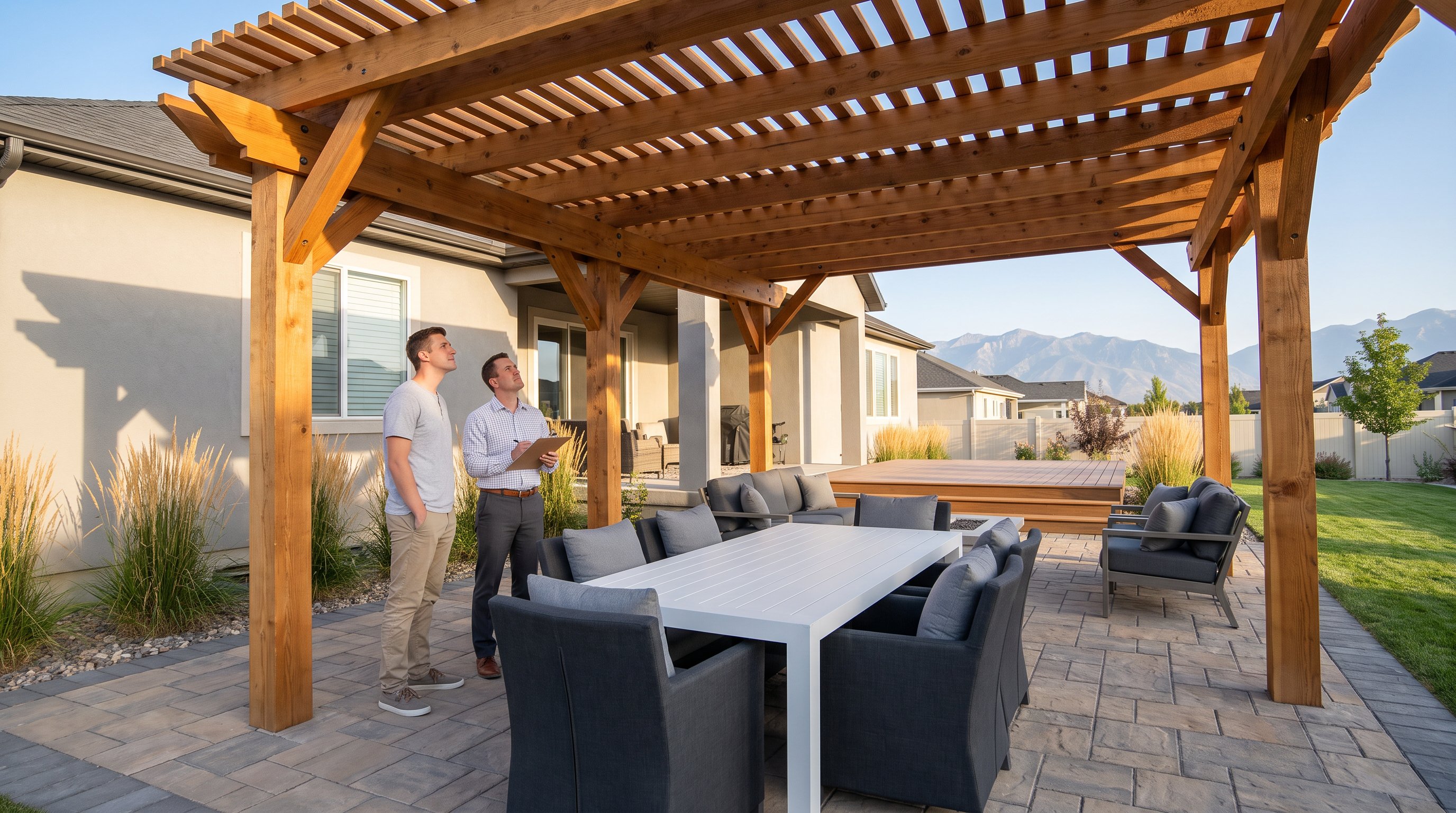 Utah homeowners reviewing a pergola’s potential appeal with an appraiser