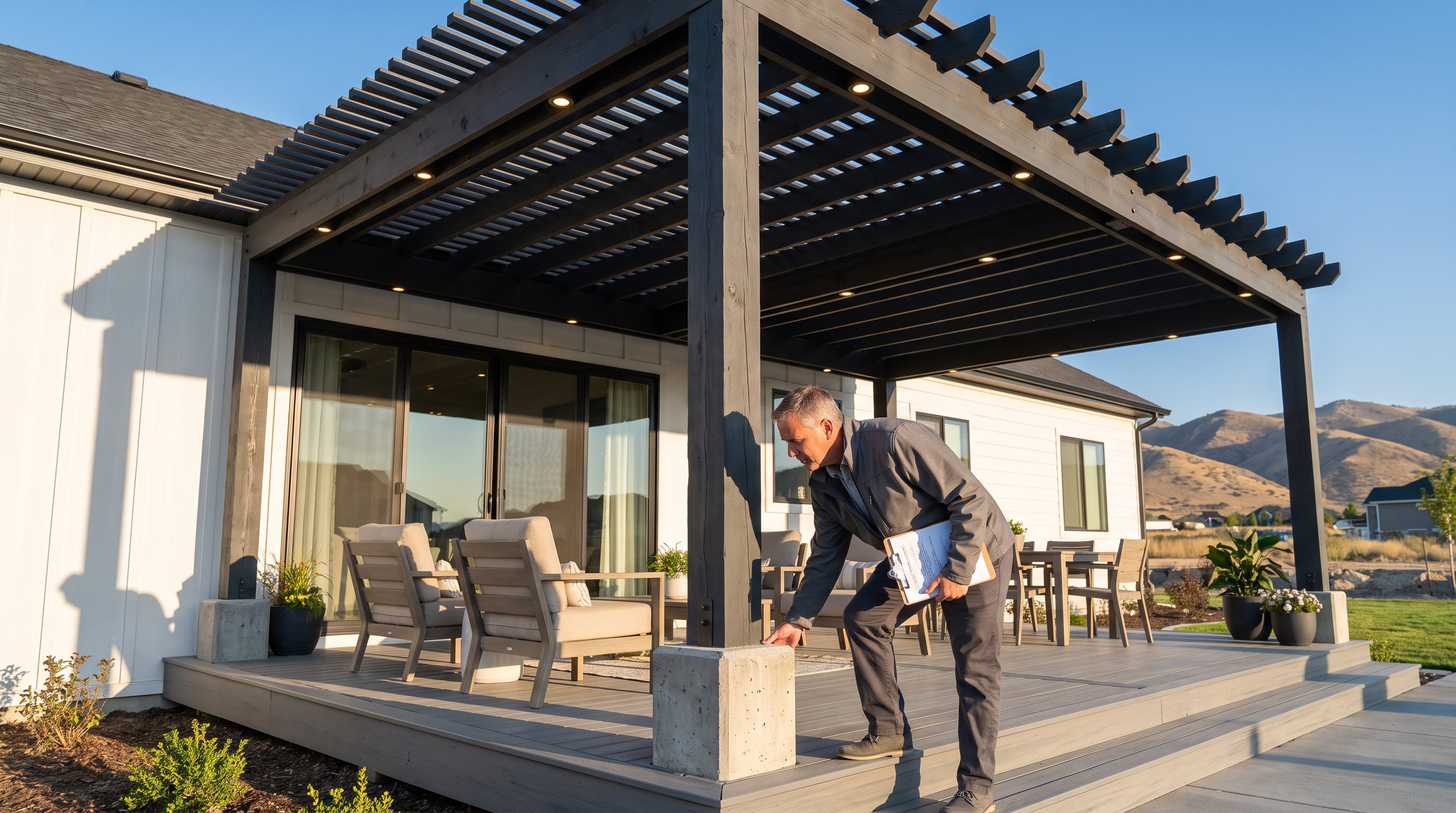 Utah appraiser inspecting a permanent pergola beside a modern home