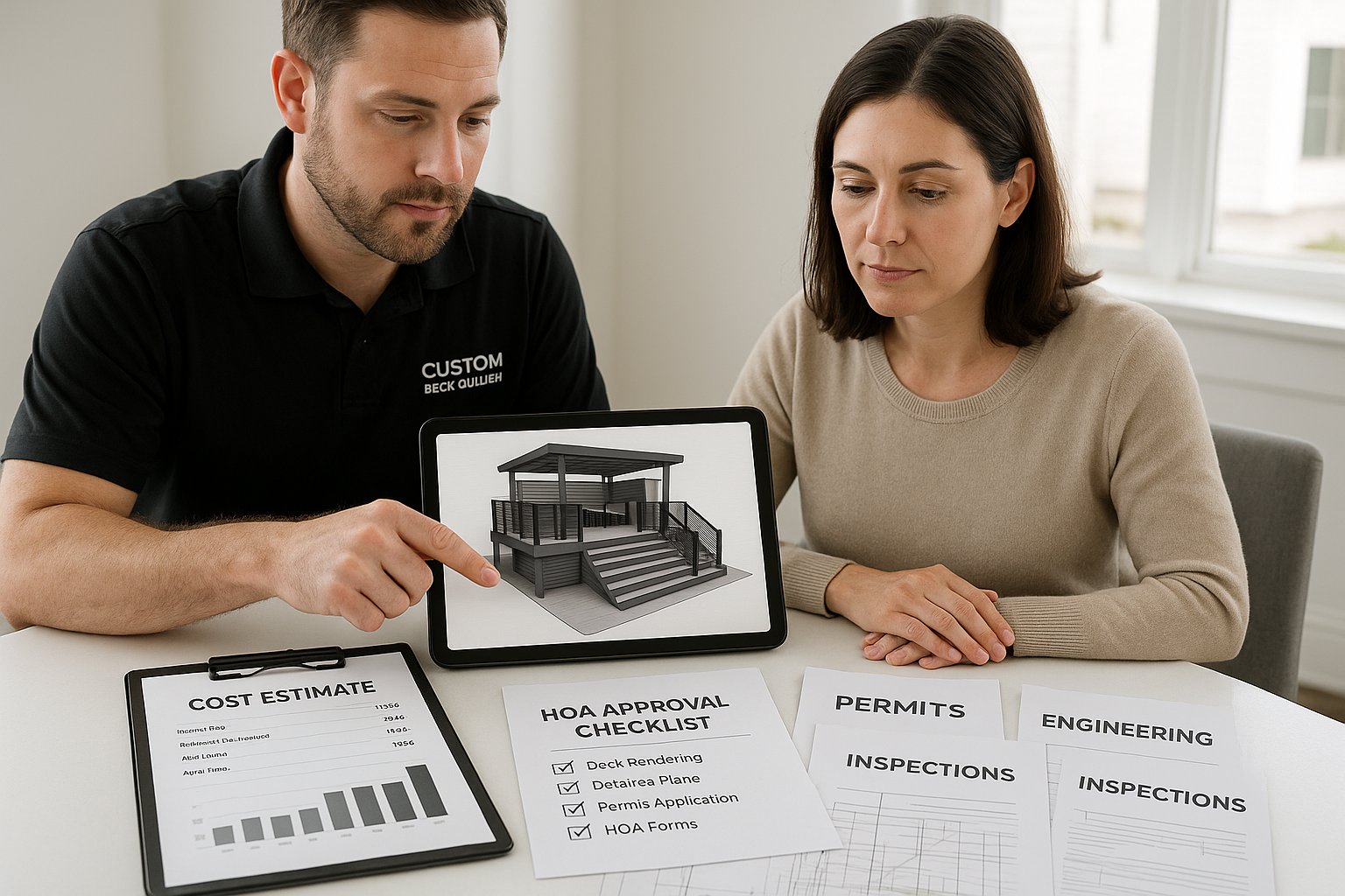 Homeowner and deck builder reviewing costs, 3D plans, and HOA approval documents