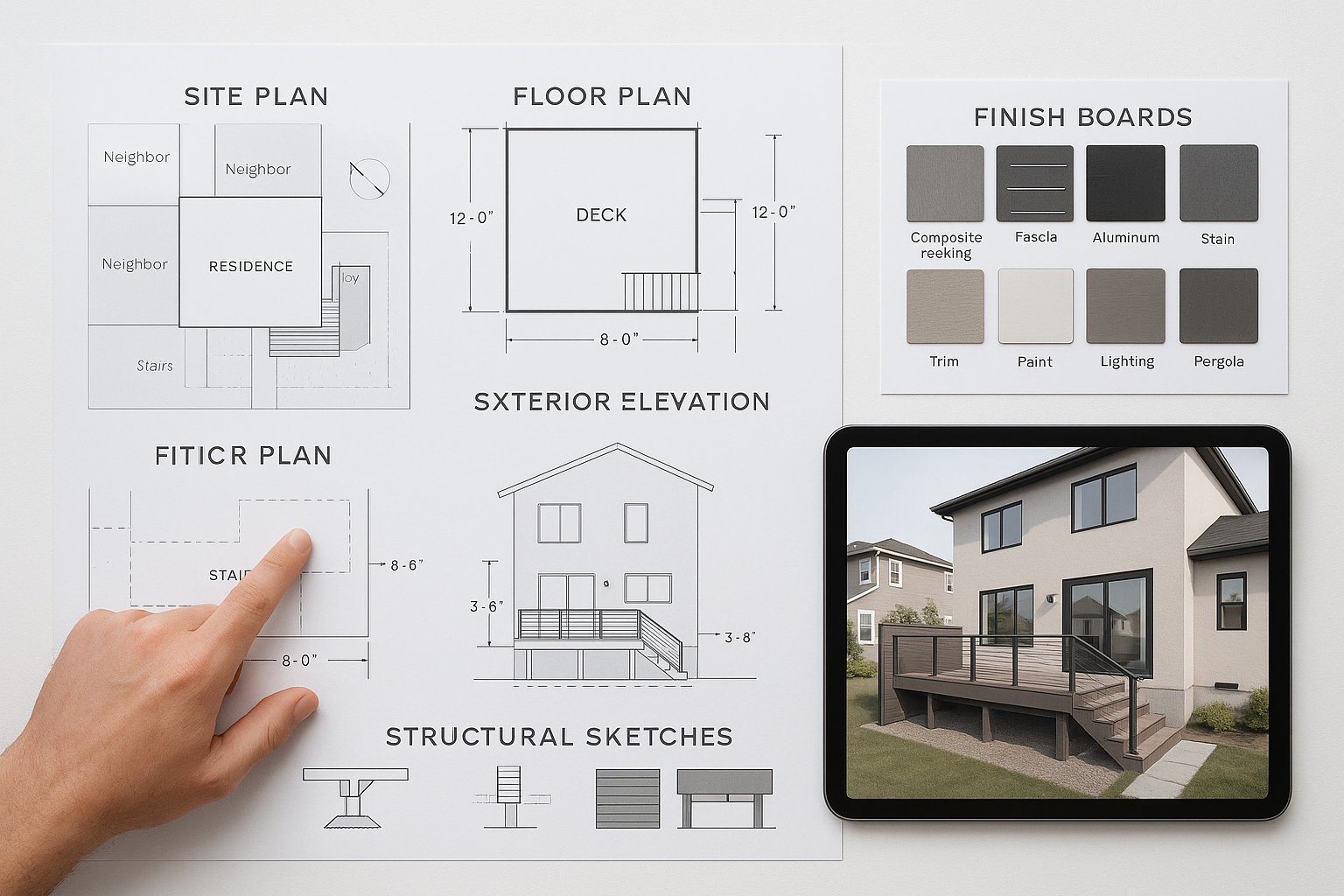Complete deck approval plans, renderings, and material samples for a Daybreak home.
