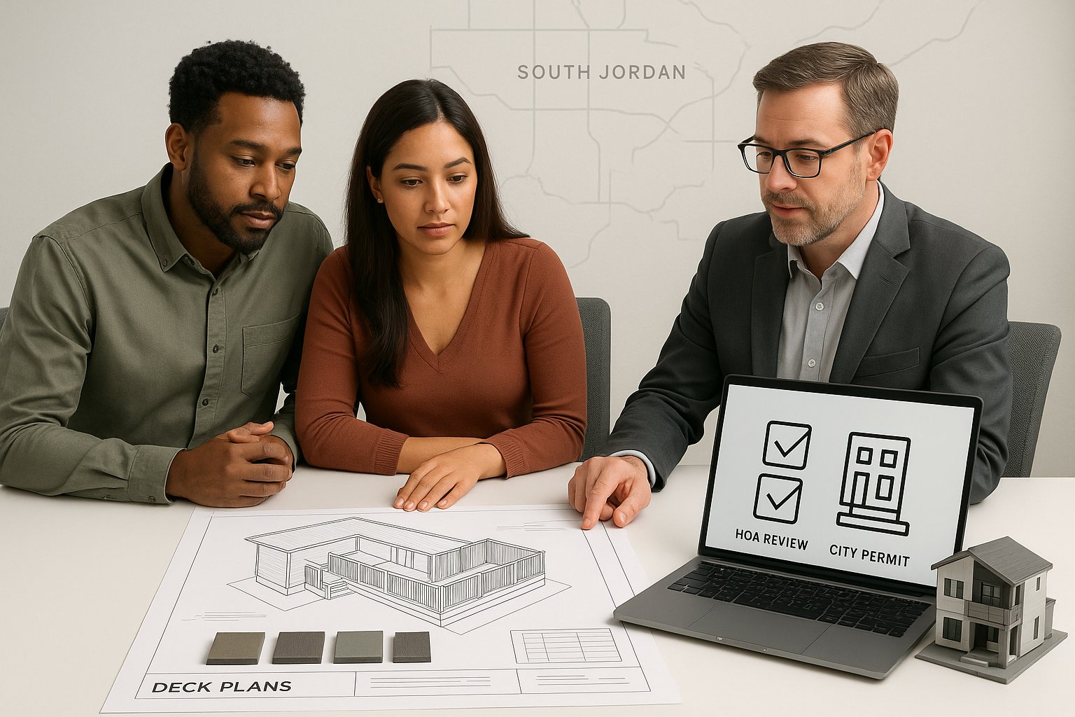 Homeowners reviewing deck plans and HOA approval requirements in a modern office.