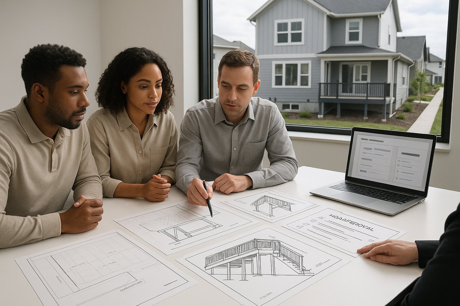 Professionals reviewing South Jordan deck plans for permits and HOA approval