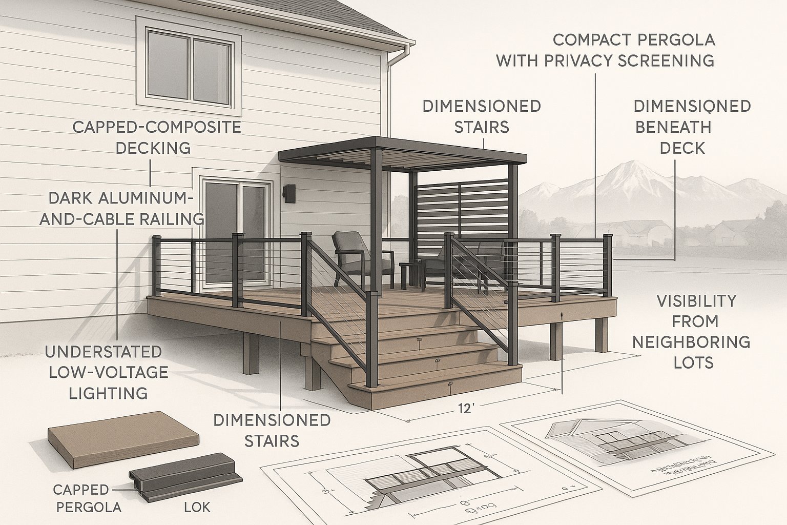 Modern composite deck plans and materials prepared for Daybreak HOA approval.