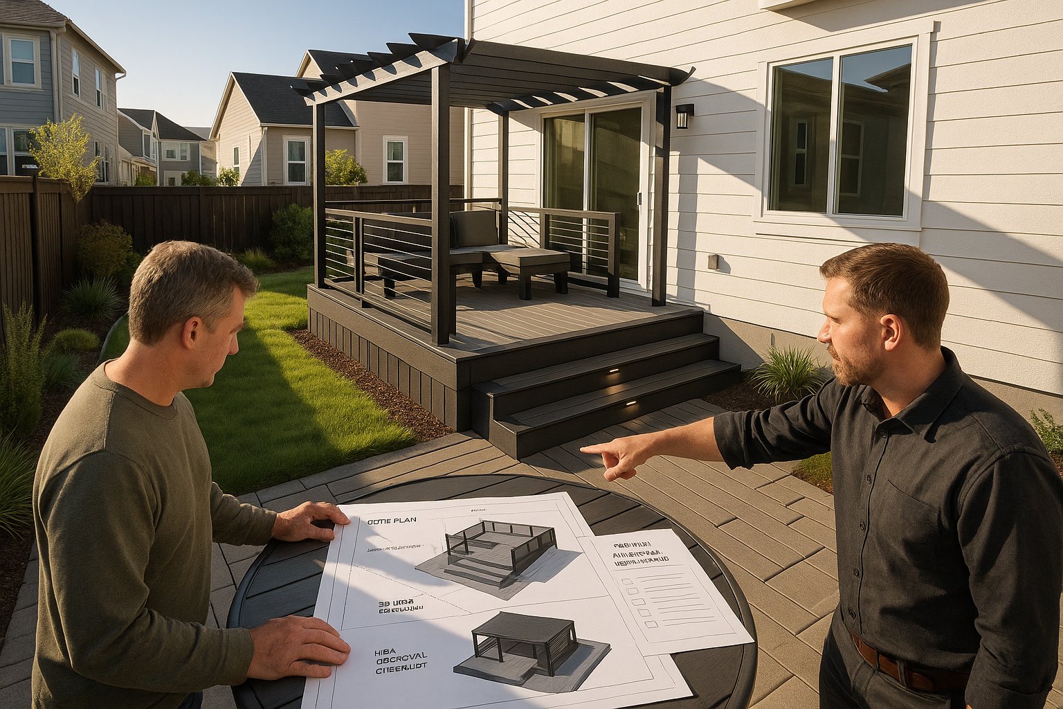 Homeowner reviewing a custom Daybreak deck plan with HOA approval documents