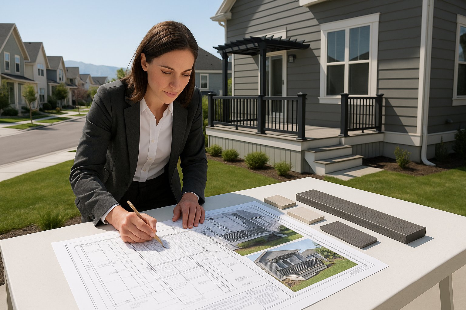 Designer reviewing HOA plans for a custom deck beside a Daybreak home.
