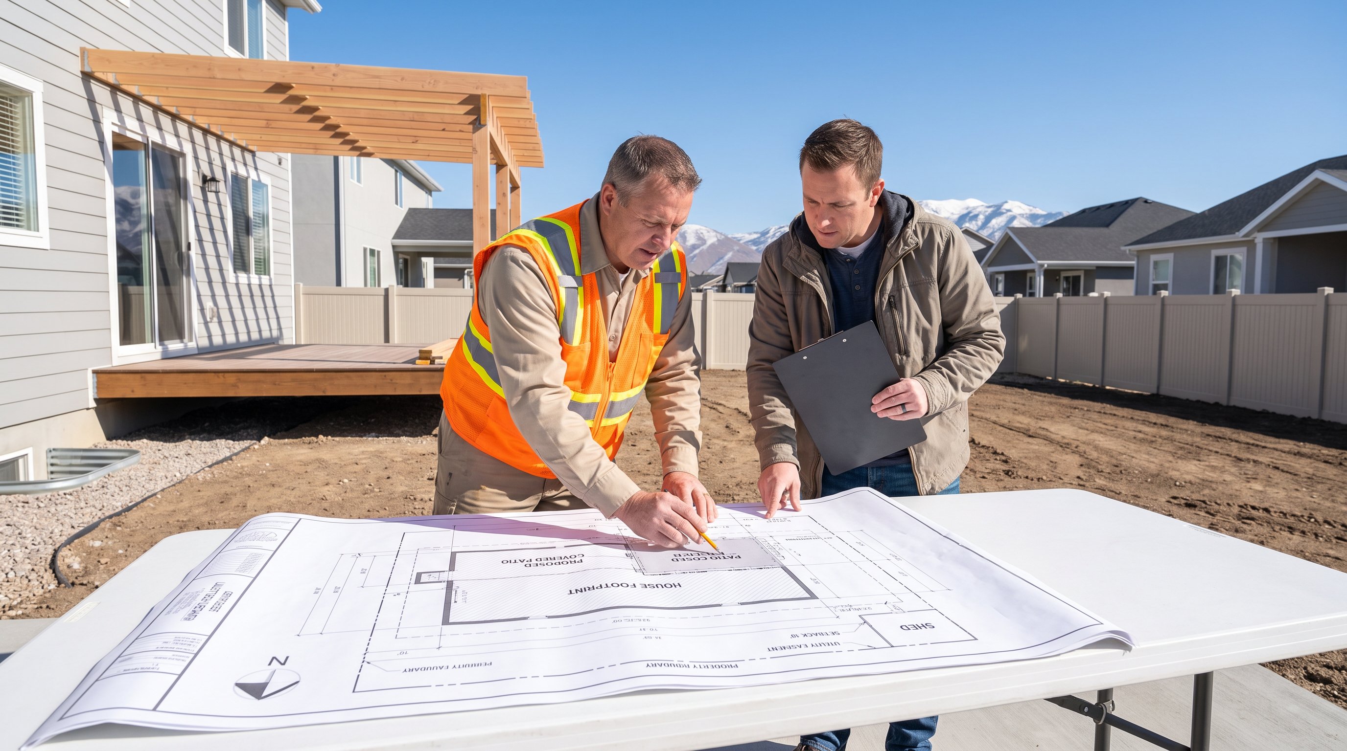 Homeowner and contractor reviewing a covered patio site plan in a Lehi backyard.