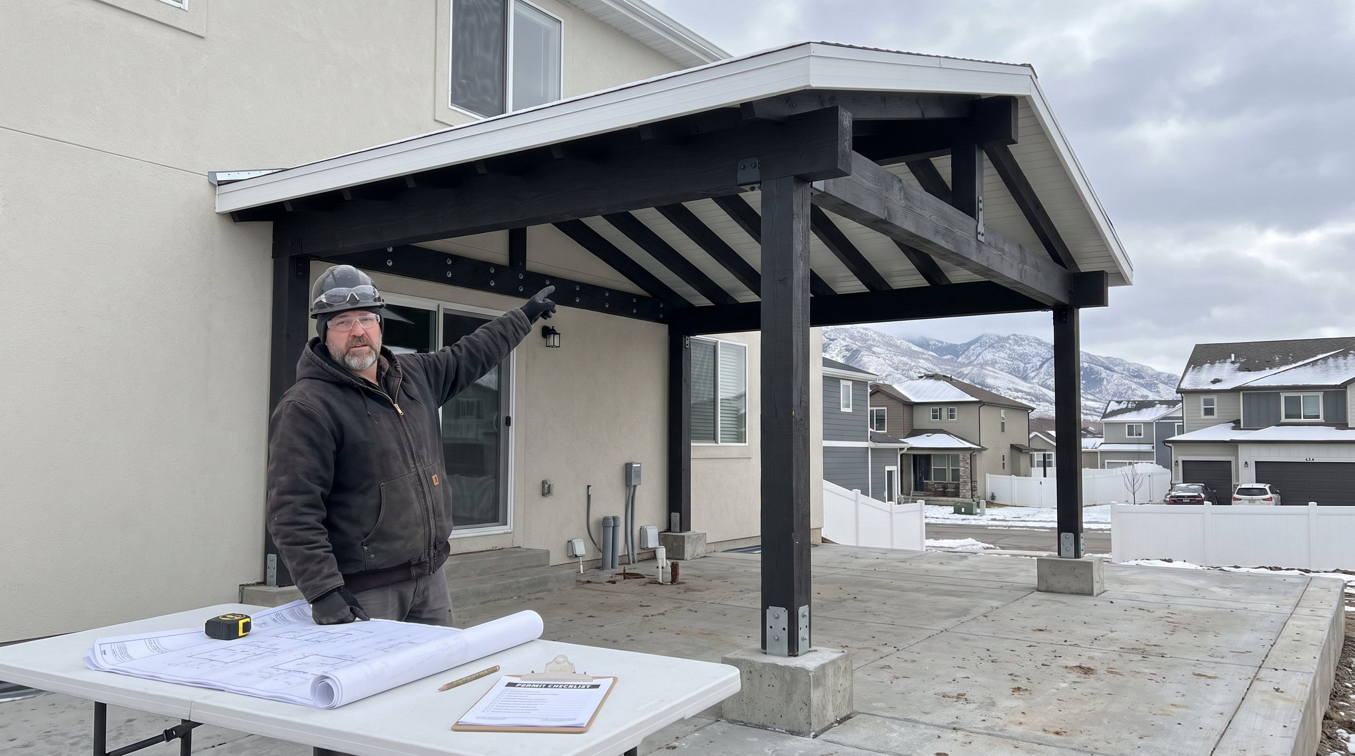 Covered patio plans and framing shown beside a Lehi home before permit approval.