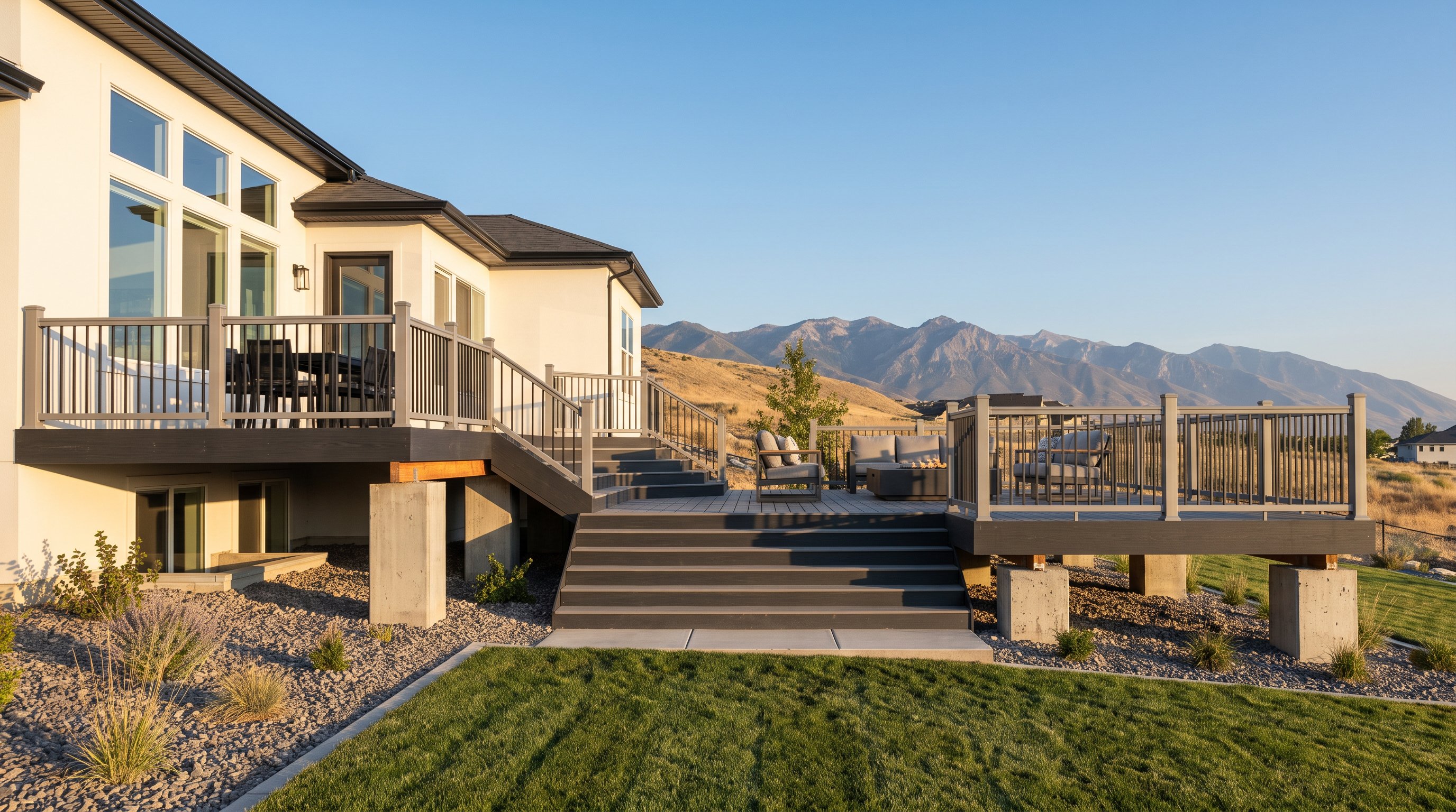 Multilevel custom deck following a sloped Herriman lot with Wasatch Mountain views.