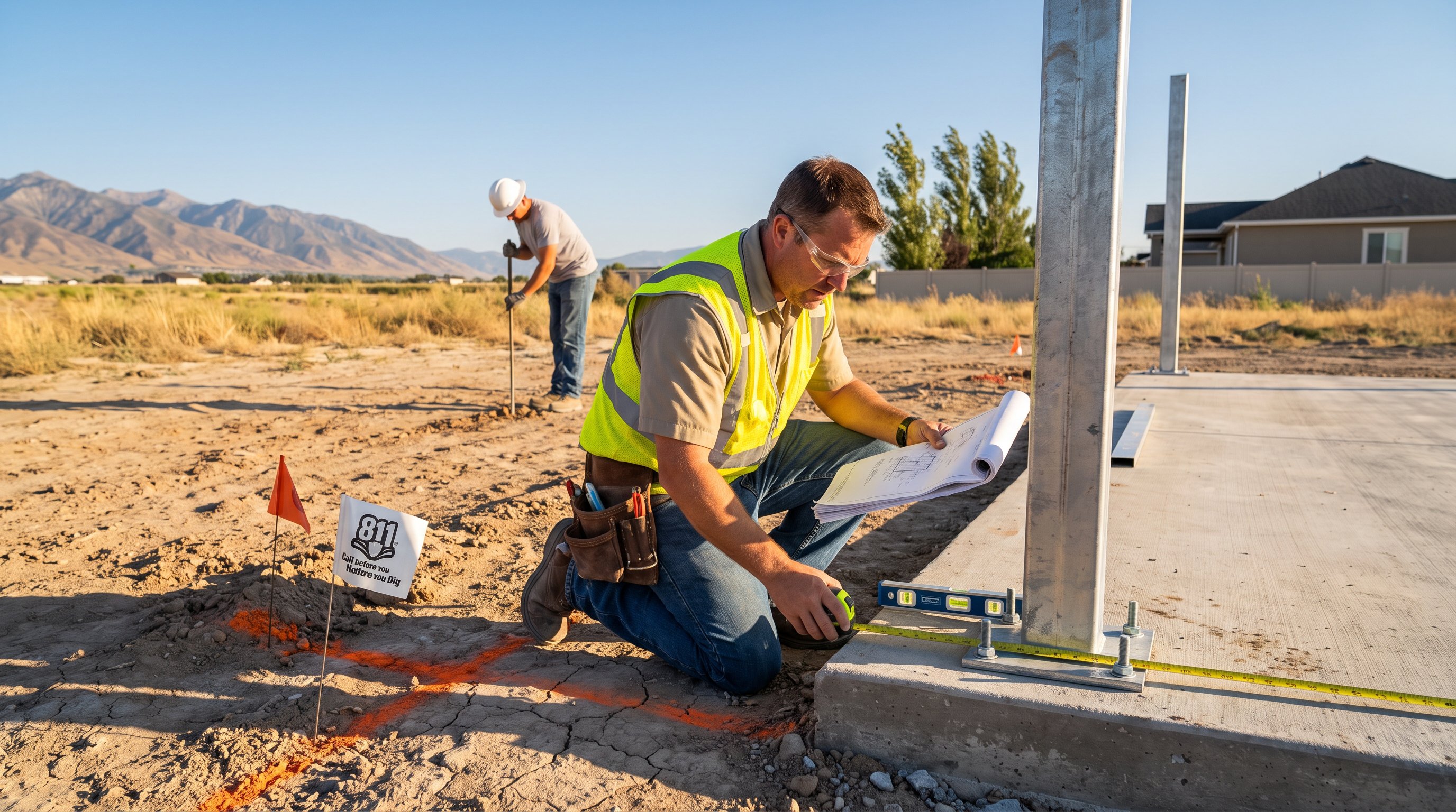 Installer evaluating a concrete slab and wind exposure before pergola installation