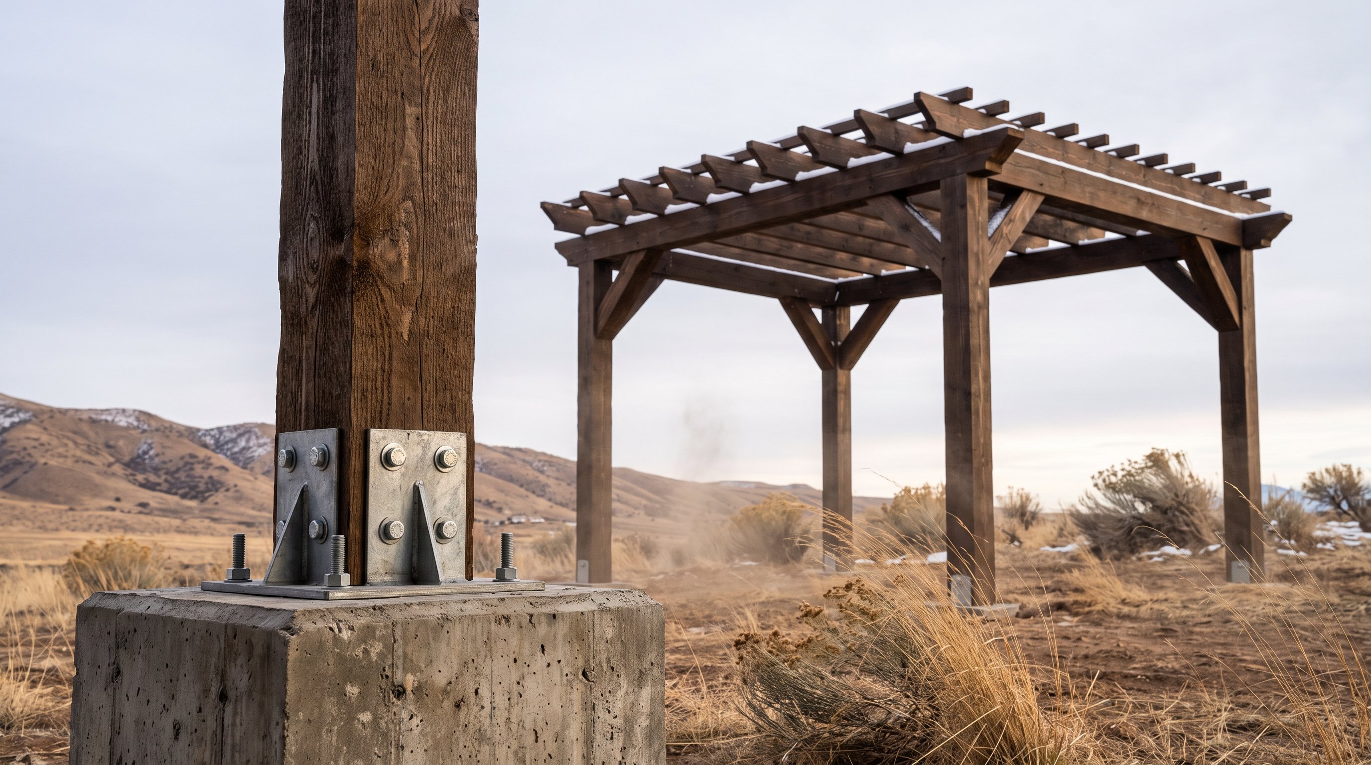Wind-resistant pergola anchored to concrete footing in Eagle Mountain landscape