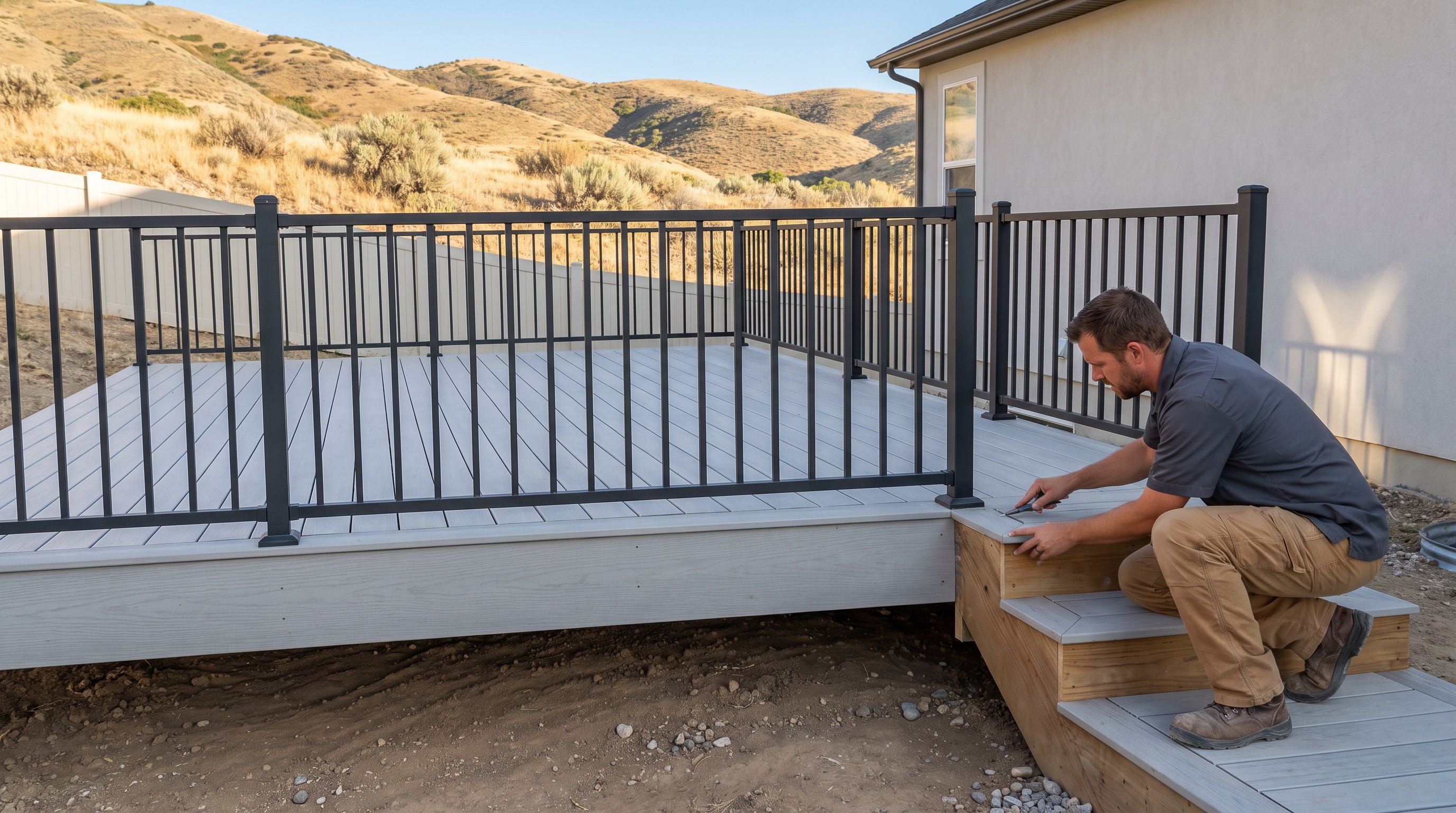 Contractor inspecting a wildfire-resistant deck near Draper foothills