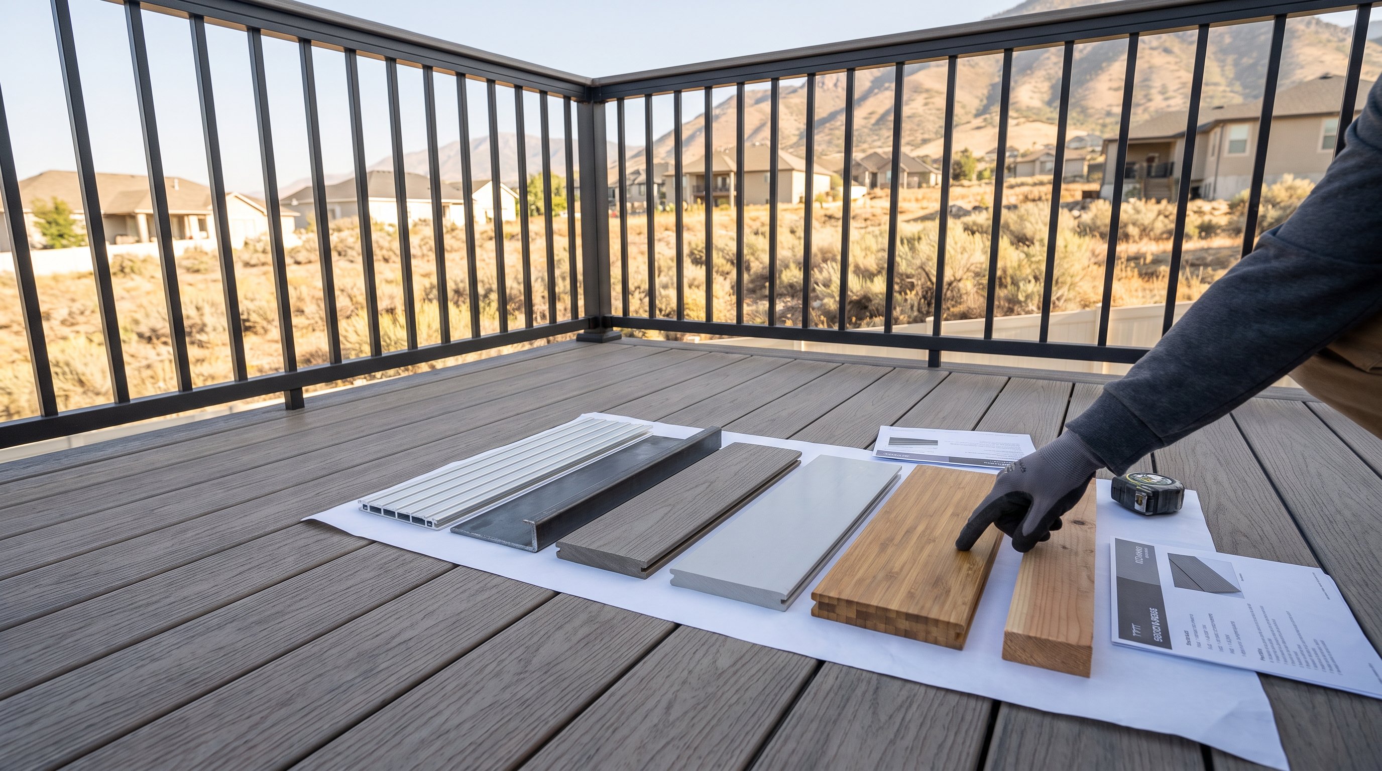 Wildfire-resistant decking samples displayed on a replacement deck in Draper, Utah